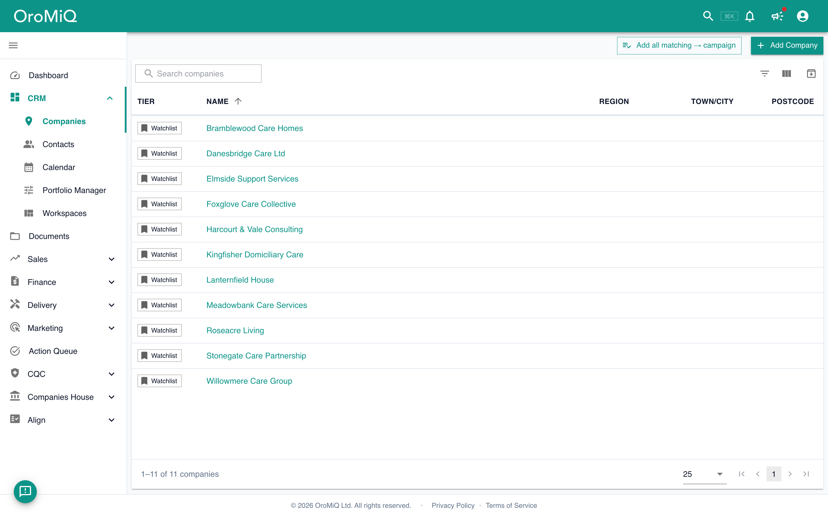 The Companies list showing several care companies, with an Add Company button in the top-right.