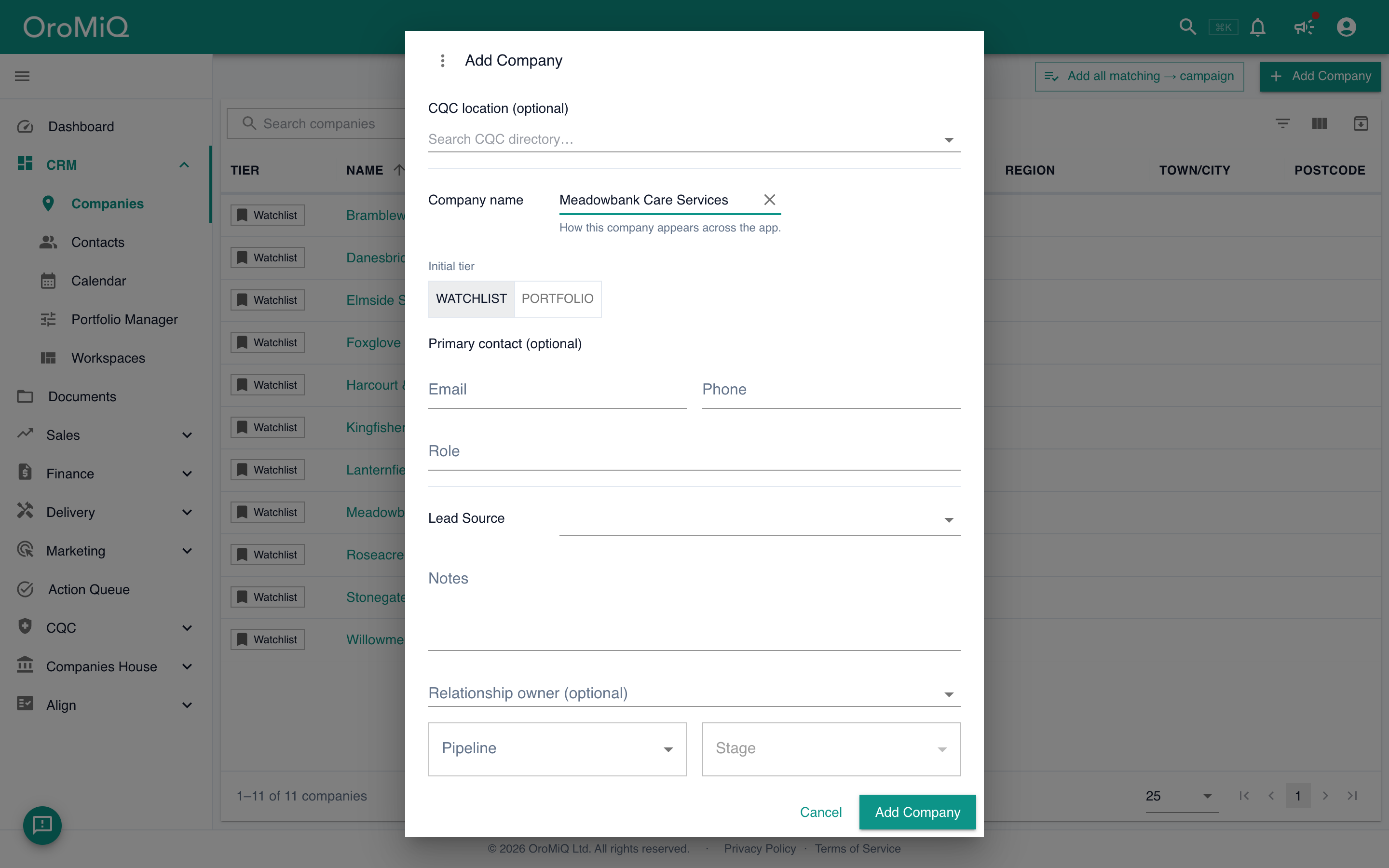 The Add Company dialog with the Company name filled in, an initial tier toggle, and a primary contact section.
