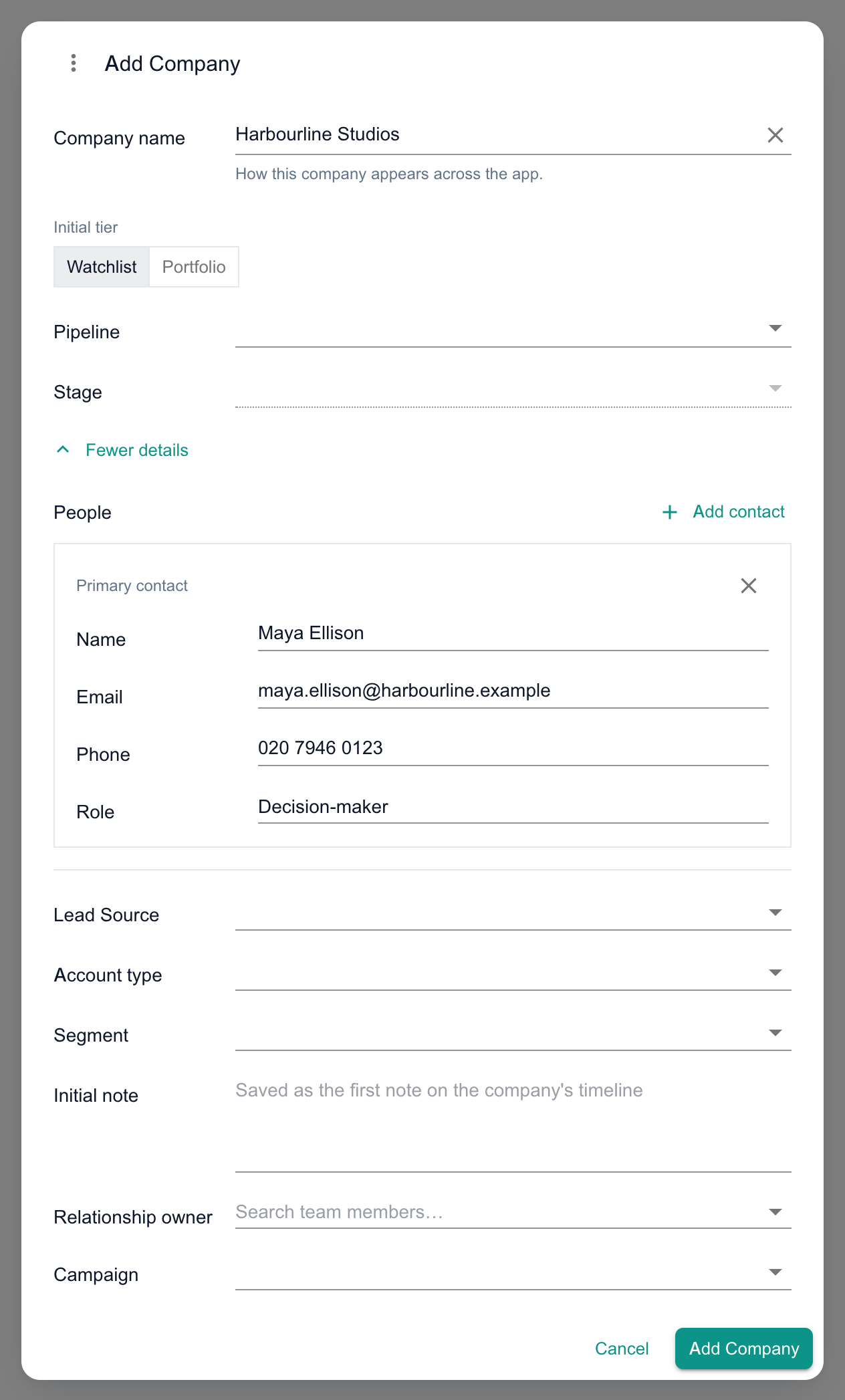 The Add Company dialog with More details open: the People section has a filled Primary contact row of Name, Email, Phone and Role, followed by Lead Source, Account type, Segment, Initial note, Relationship owner and Campaign, and the Cancel and Add Company buttons.