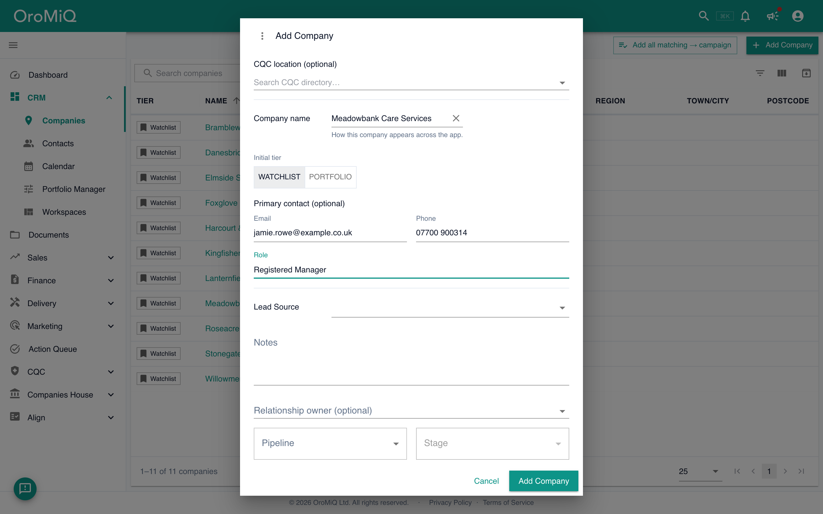 The Add Company dialog with the primary contact email, phone and role filled in.