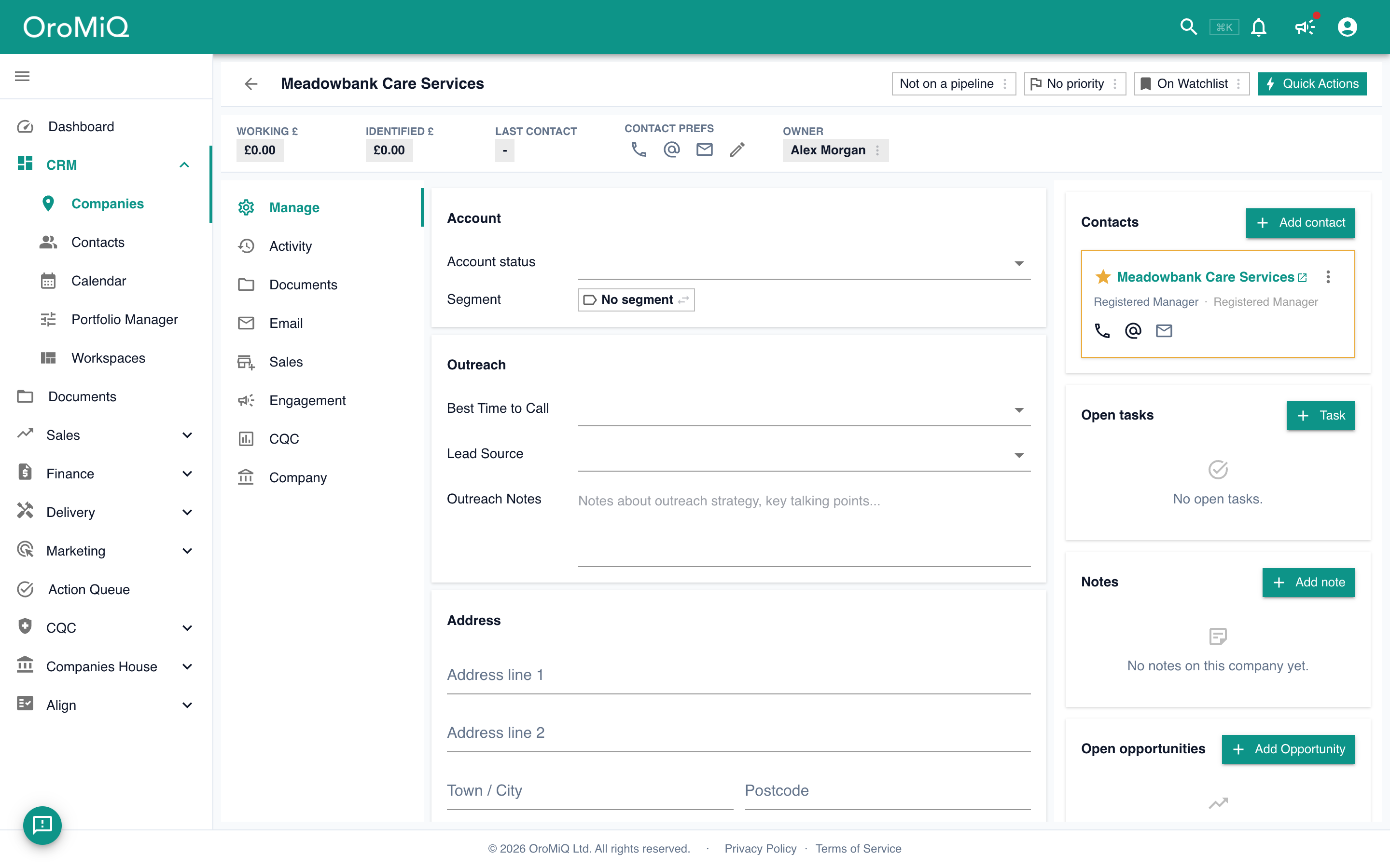 A new company's record, showing account details in the centre and a Contacts panel on the right.