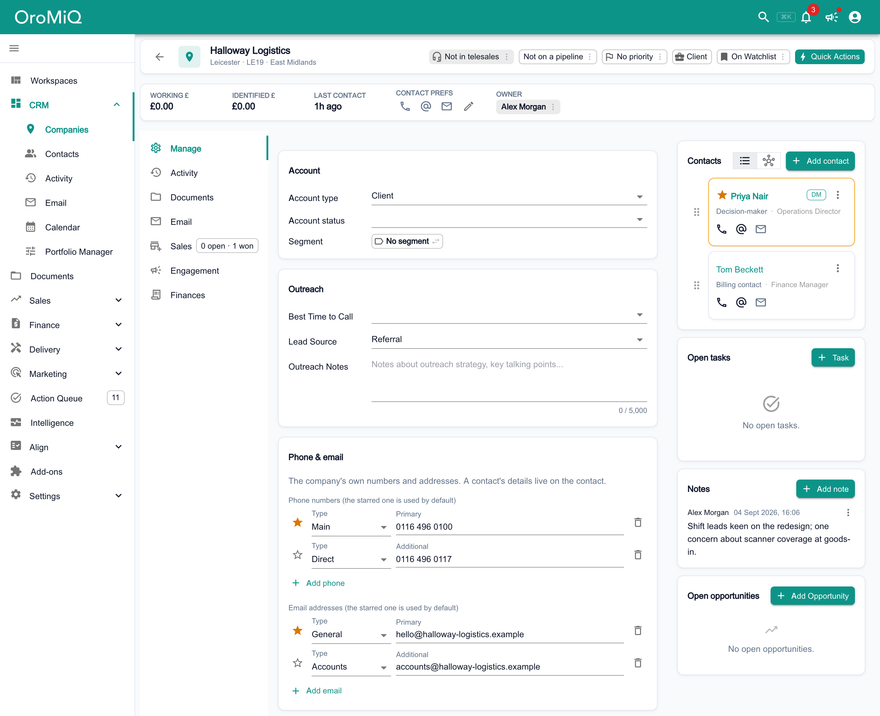A company's record with Manage selected in the left-hand menu of Manage, Activity, Documents, Email, Sales, Engagement and Finances; the Account, Outreach and Phone & email cards in the centre, with the company's own phone numbers and email addresses; and the Contacts, Open tasks, Notes and Open opportunities panels on the right.