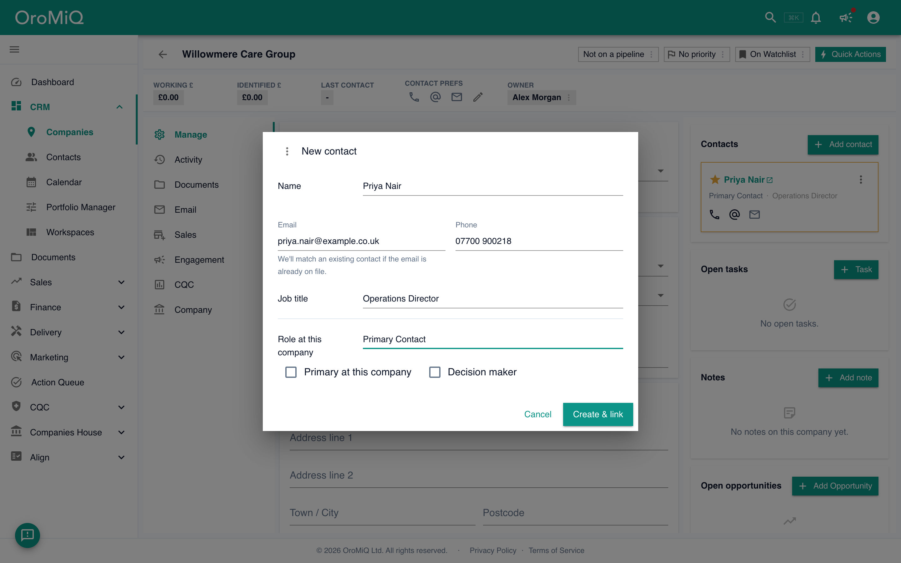 The New contact dialog with a name, email, phone, job title and role filled in, ready to link to the company.