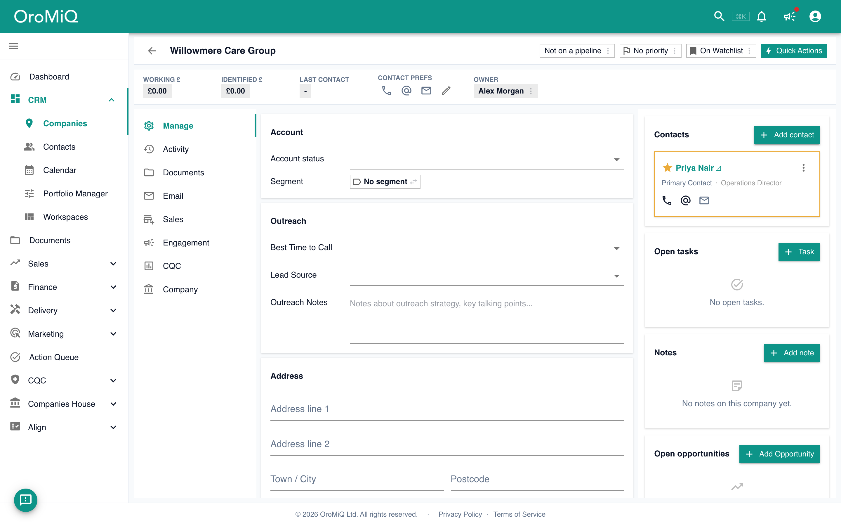 The company record's Contacts panel now showing the linked contact.