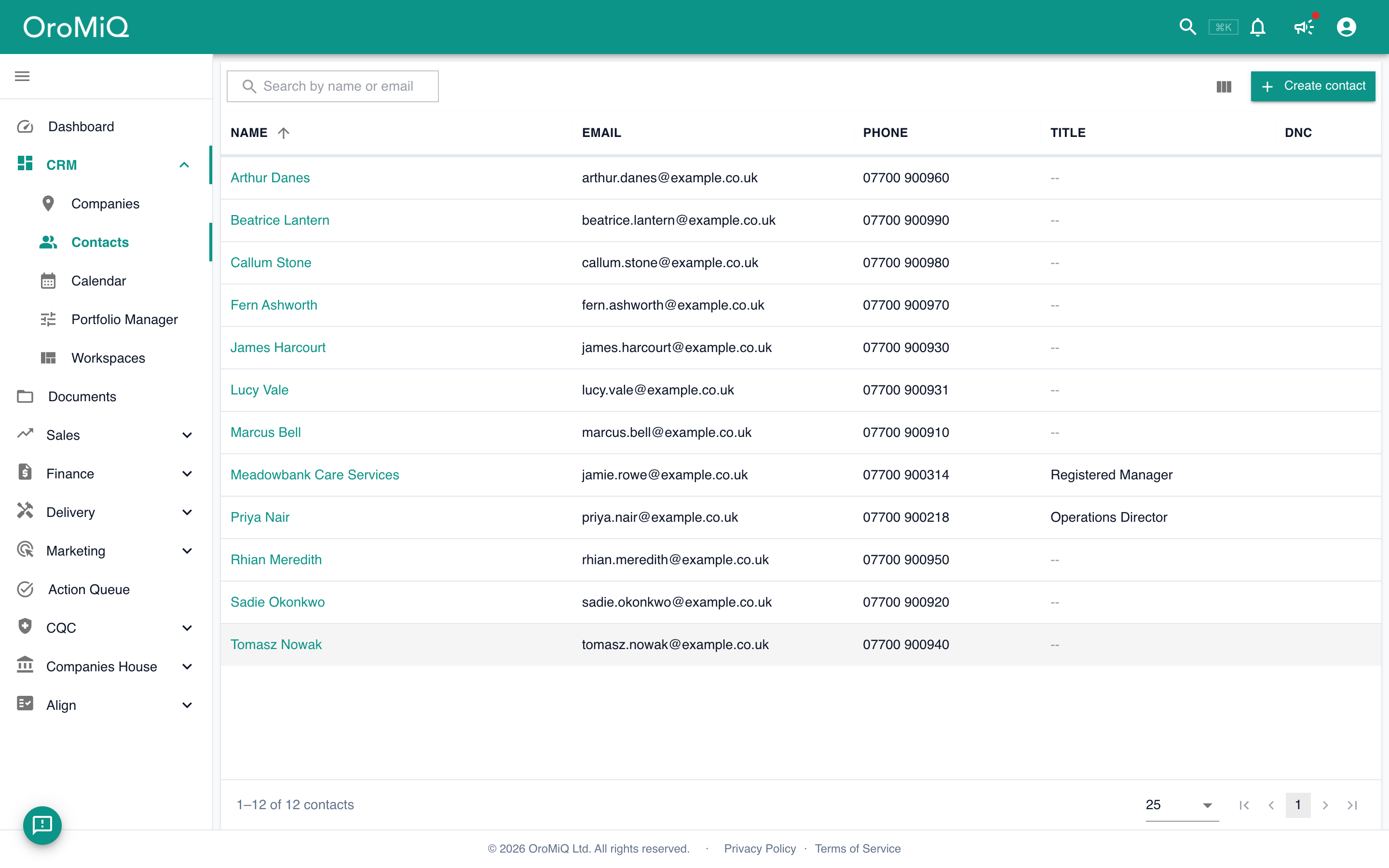 The Contacts list showing all people across your companies.