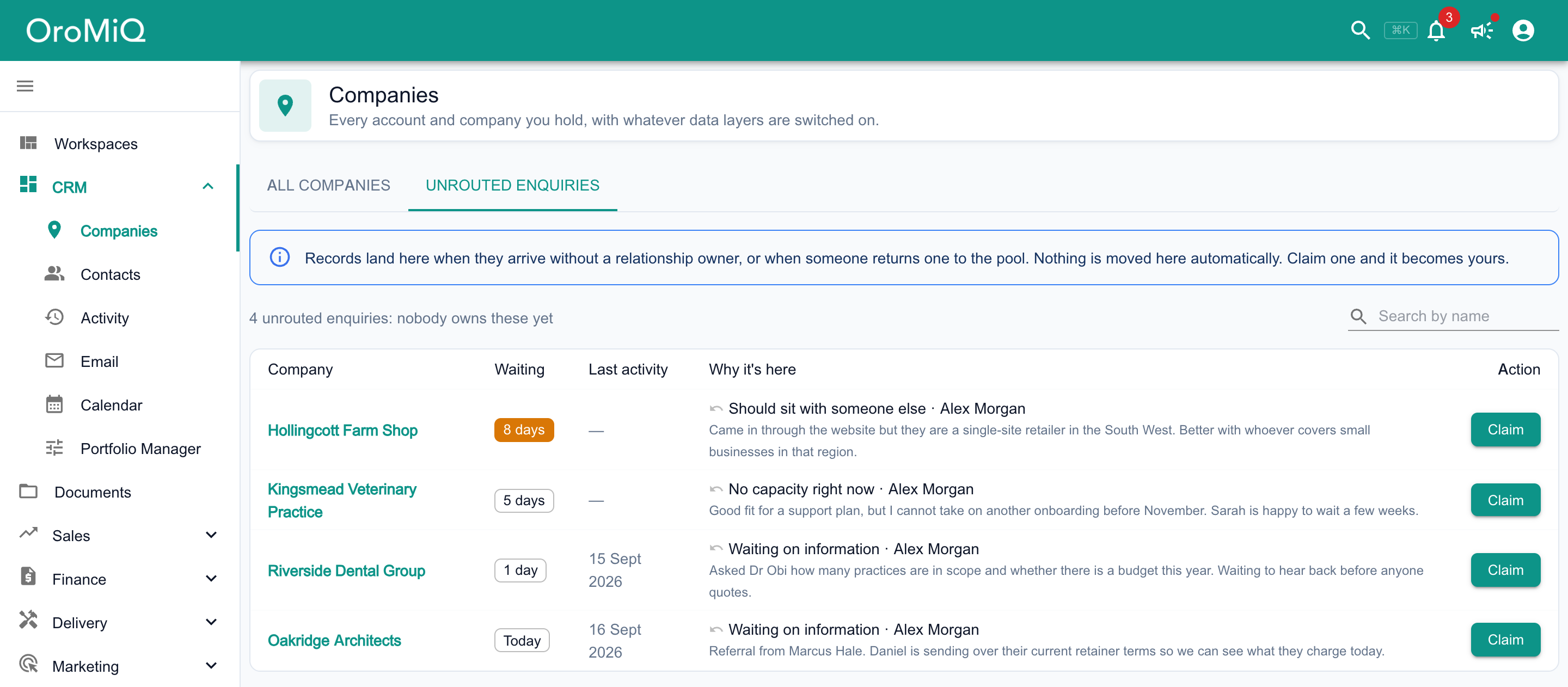 The Unrouted enquiries tab of Companies listing four companies nobody owns yet, each with how many days it has been waiting, its last activity, why it is here with the reason, who returned it and their note, and a Claim button.