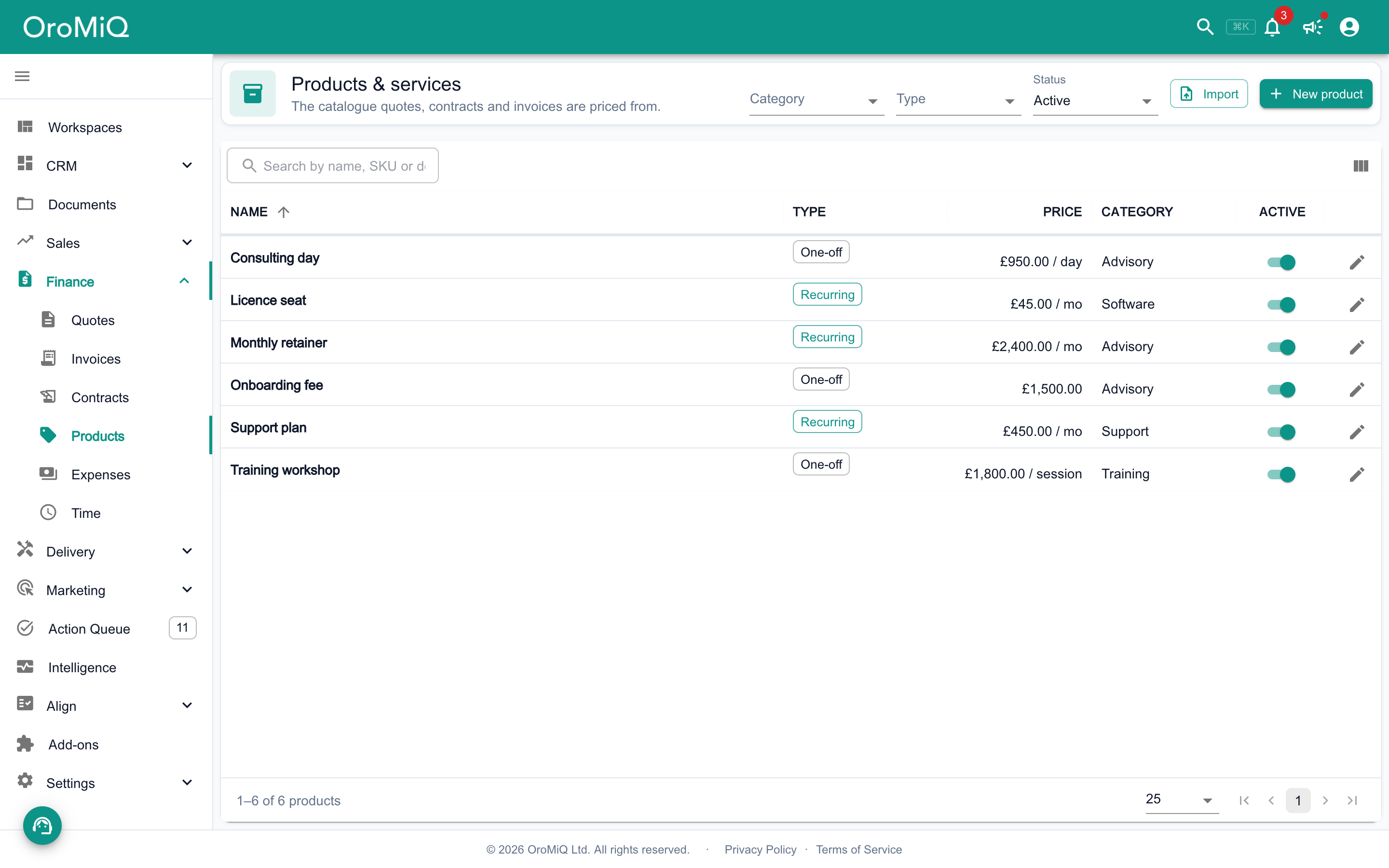 The Products and services page listing six products, such as Consulting day, Licence seat and Monthly retainer, with their type, price and category, and the Import and New product buttons.