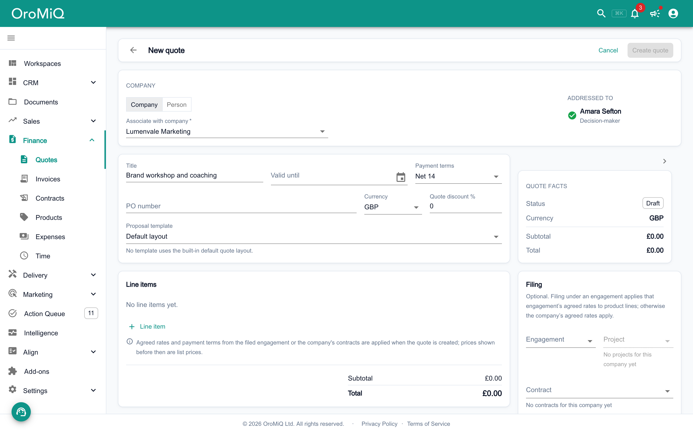 The New quote page with Company selected, Lumenvale Marketing chosen under Associate with company and Amara Sefton shown under Addressed to, a title entered, and the Valid until, Payment terms, PO number, Quote discount % and Proposal template fields.