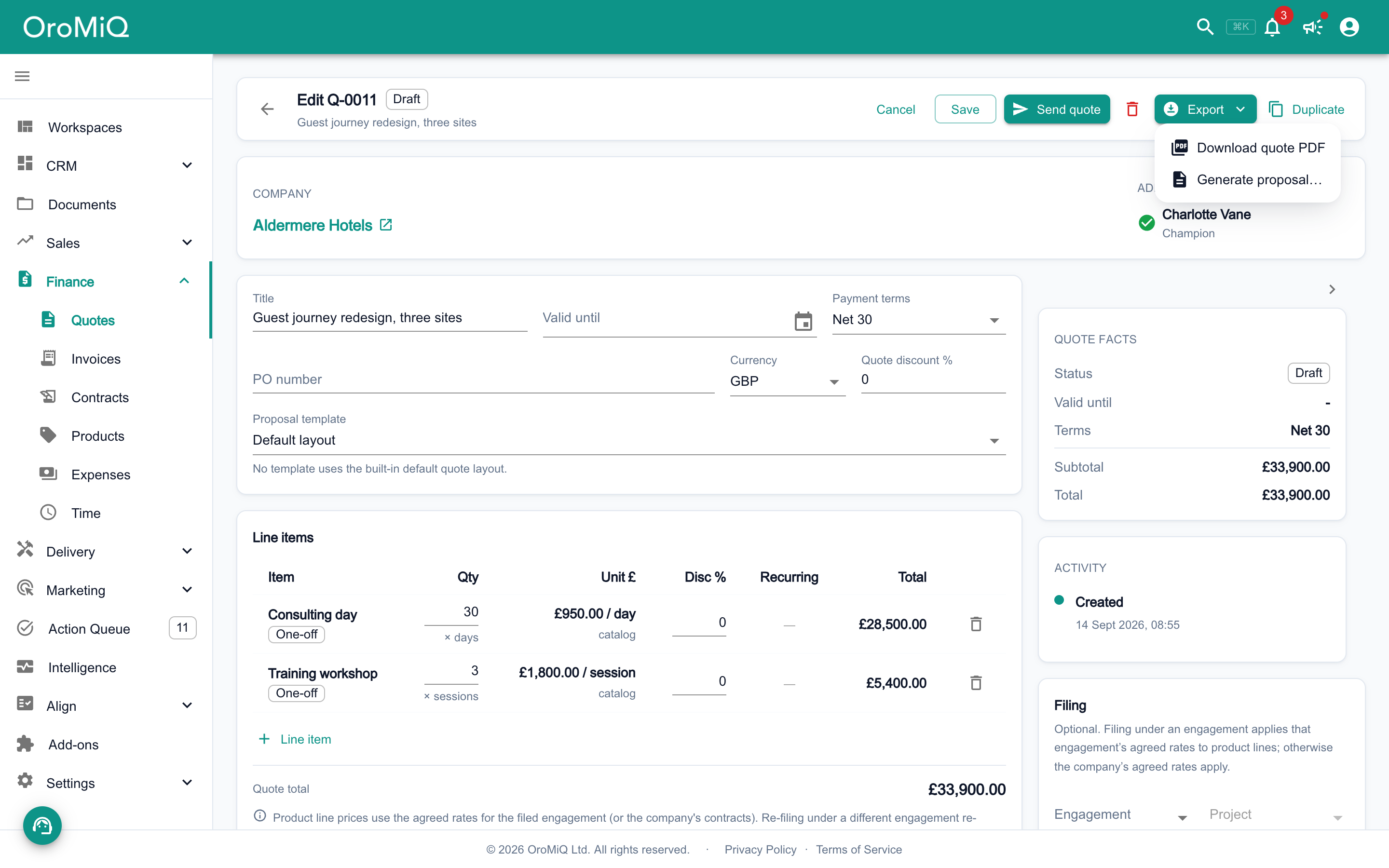 A draft quote with the Export menu open, showing Download quote PDF and Generate proposal.