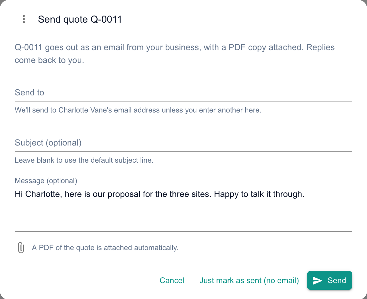 The Send quote dialog saying it will send to Charlotte Vane unless you enter another address in Send to, with Subject and Message fields, a note that a PDF of the quote is attached automatically, and Cancel, Just mark as sent (no email) and Send buttons.