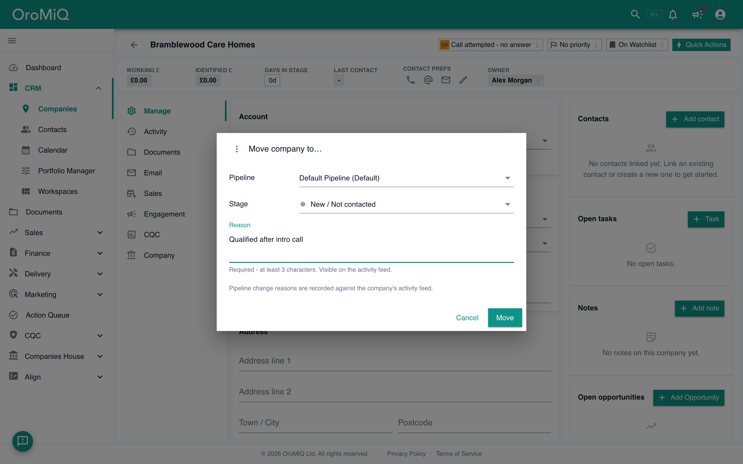 The "Move company to" dialog with a pipeline and stage selected and a reason entered.