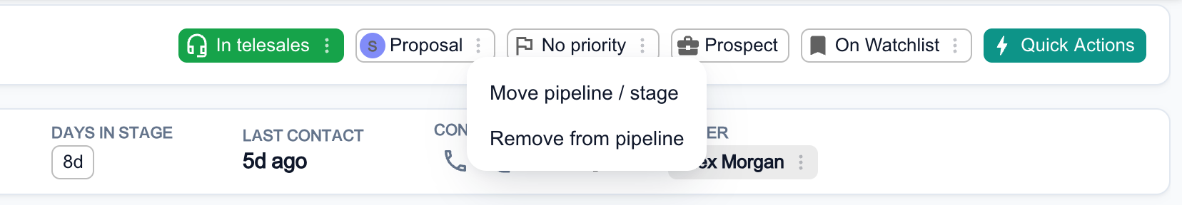 A company record's top bar with the pipeline chip's menu open, offering Move pipeline / stage and Remove from pipeline.