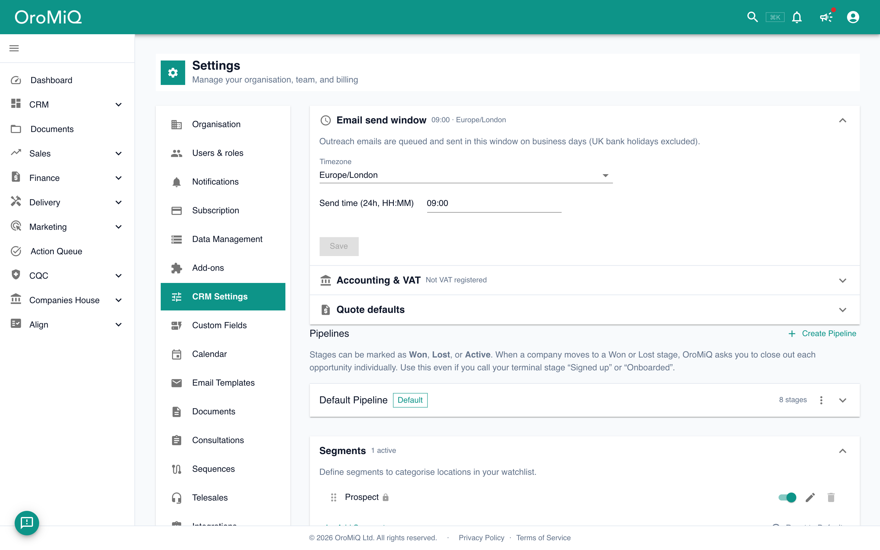CRM Settings showing the Pipelines section with the Default Pipeline and a Create Pipeline button.