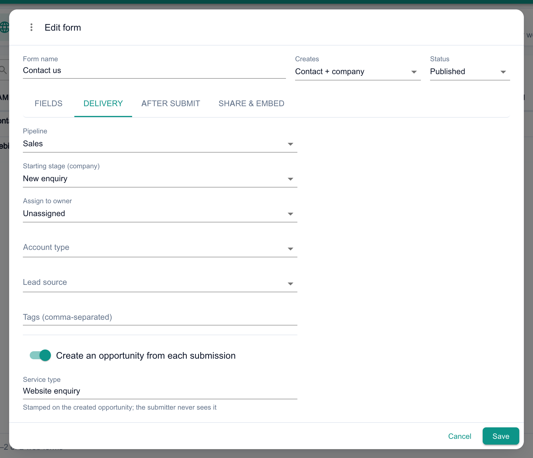 The Delivery tab of the web form editor with Pipeline set to Sales, Starting stage (company) set to New enquiry and Assign to owner set to Unassigned, then empty Account type, Lead source and Tags fields, and Create an opportunity from each submission switched on with a Service type of Website enquiry.