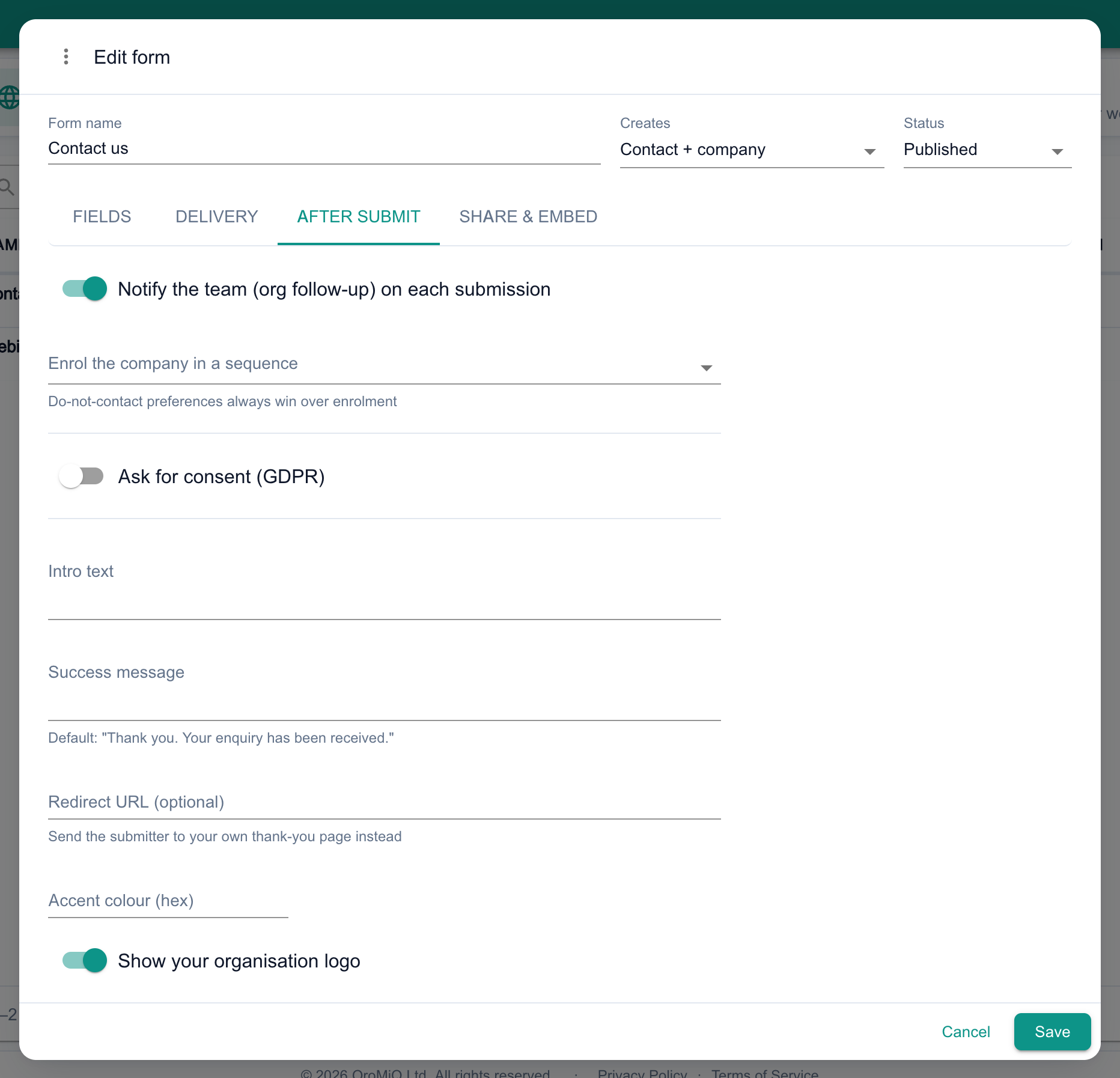 The After submit tab of the web form editor with Notify the team (org follow-up) on each submission switched on, Enrol the company in a sequence, Ask for consent (GDPR), Intro text, Success message, Redirect URL (optional), Accent colour (hex) and Show your organisation logo switched on.