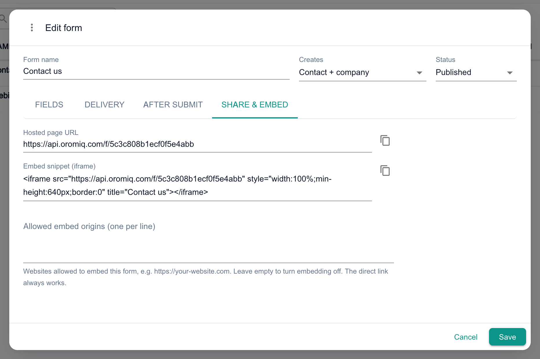 The Share & embed tab of a published web form showing the Hosted page URL and Embed snippet (iframe), each with a copy button, and the Allowed embed origins (one per line) box.