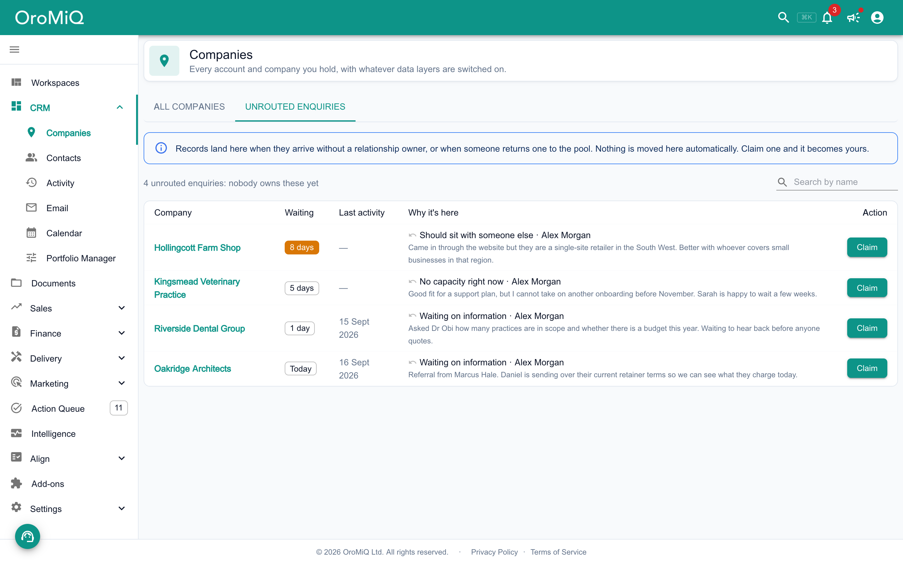 Companies, Unrouted enquiries tab, listing four enquiries nobody owns yet, each with how long it has waited, why it is there, such as Waiting on information or No capacity right now with a note, and a Claim button.