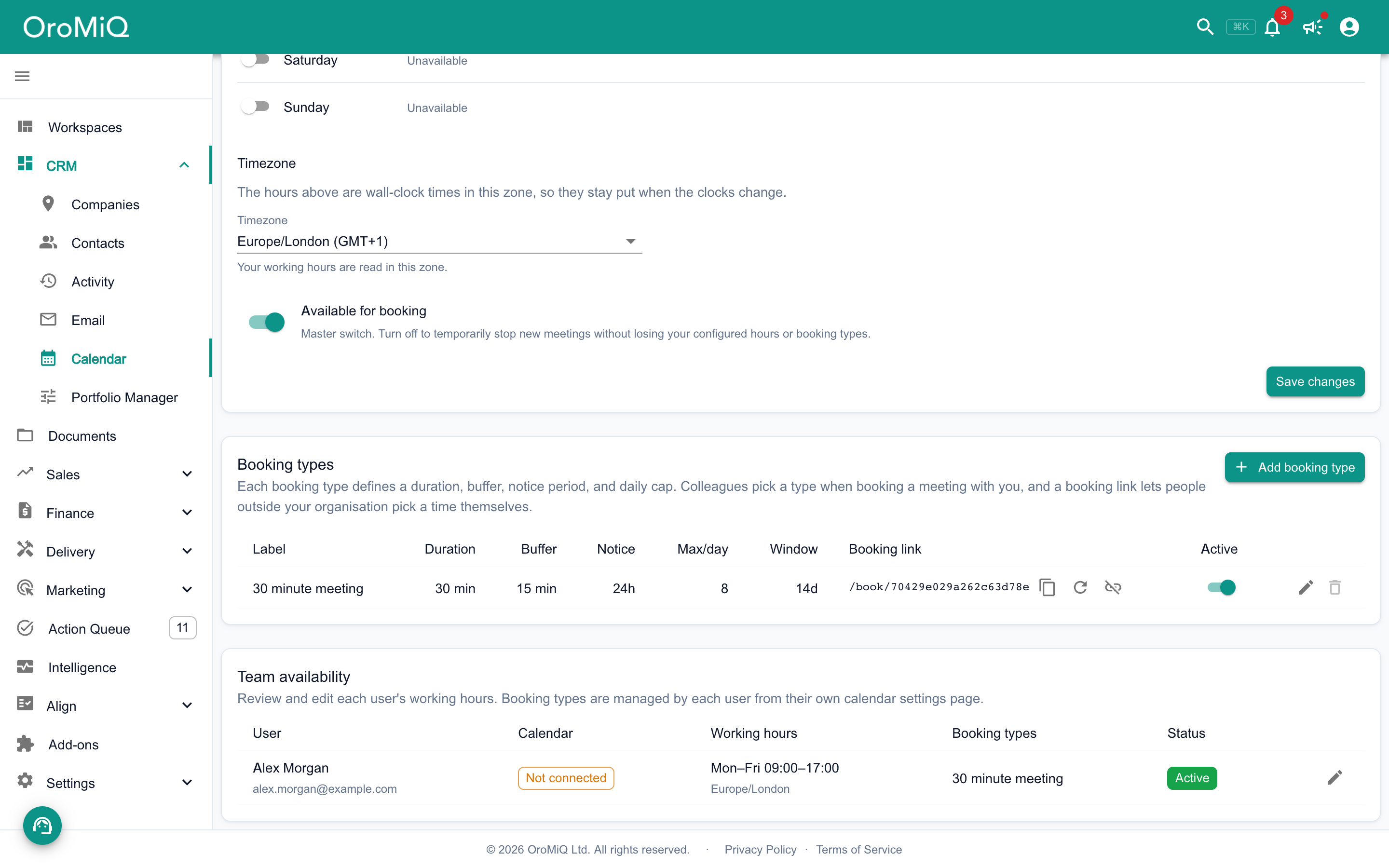 Calendar settings further down: Timezone, Available for booking and Save changes, then Booking types with Add booking type and a 30 minute meeting row showing its booking link with copy, replace and revoke buttons, and Team availability below.