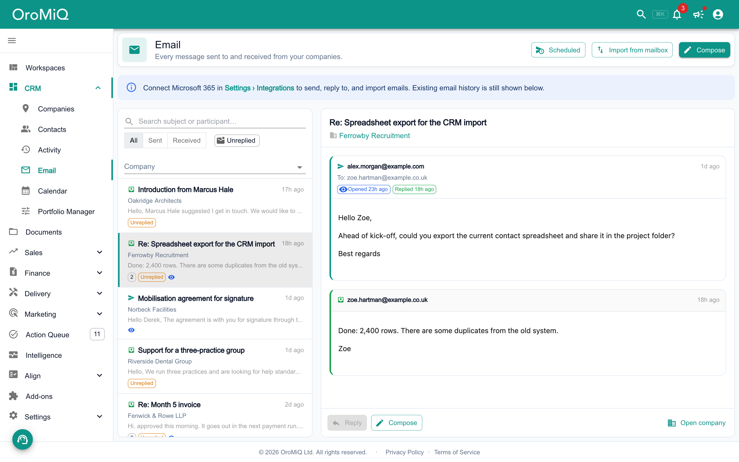 CRM, Email: a list of sent and received conversations with companies, and a thread with Ferrowby Recruitment open, showing the email sent with Opened and Replied markers and the reply below it.
