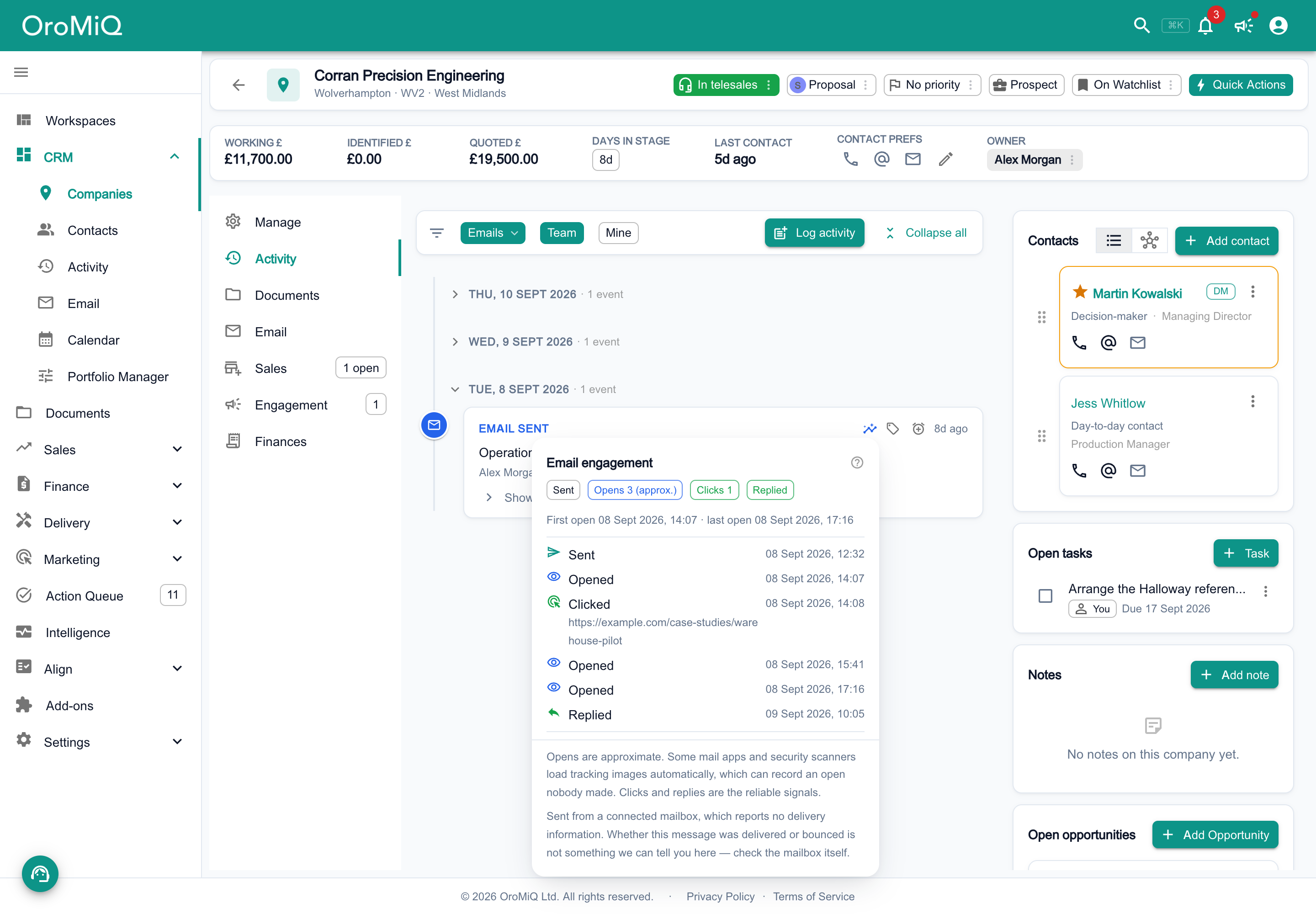 A company's Activity timeline filtered to Emails, with the Email engagement panel opened from the icon on a sent email: Sent, Opens 3 (approx.), Clicks 1 and Replied, the first and last open, then each open, the click and the reply with its time, above notes that opens are approximate and that a connected mailbox does not report delivery.
