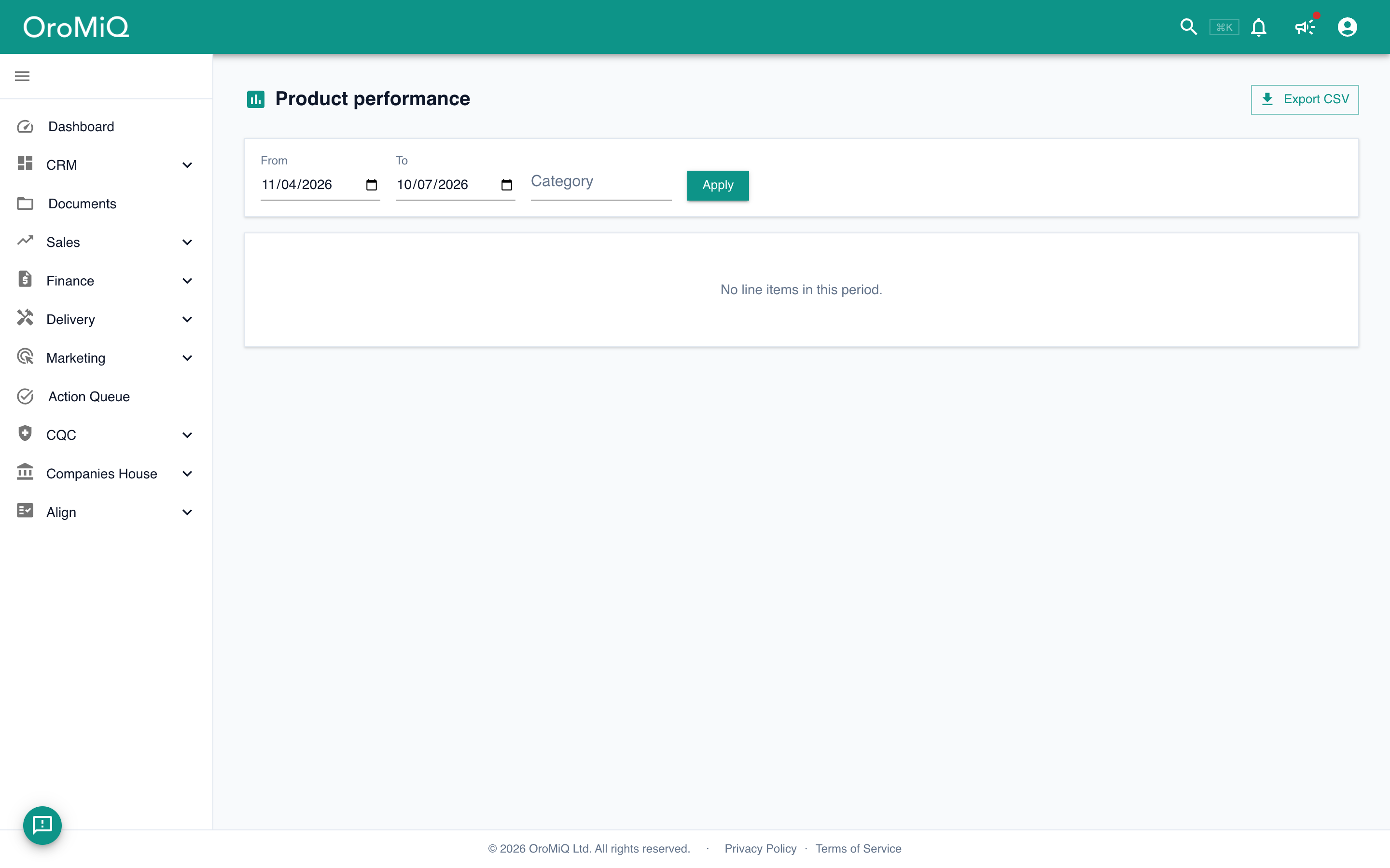 A Sales funnel report tab showing KPI tiles, a funnel chart of pipeline stages and an Export CSV button.