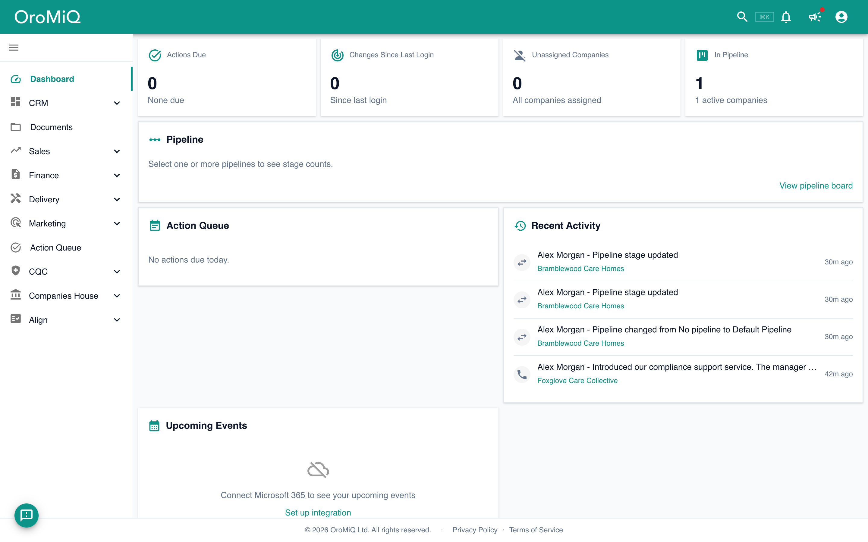 The OroMiQ dashboard showing summary tiles, a pipeline panel, the action queue, recent activity and upcoming events, with the navigation sidebar on the left.