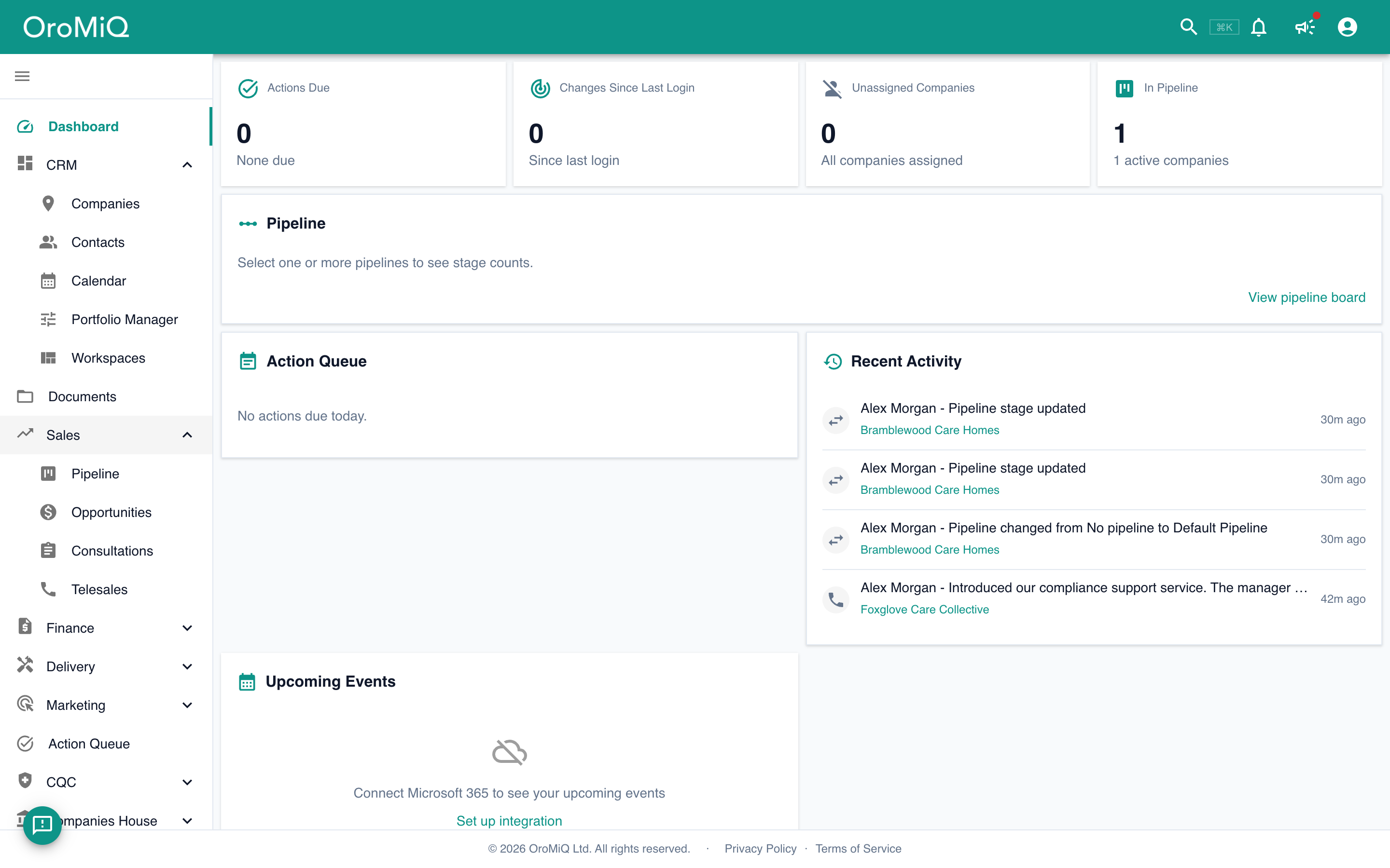 The left navigation sidebar with the CRM and Sales groups expanded, showing Companies, Contacts, Calendar, Pipeline, Opportunities and more.