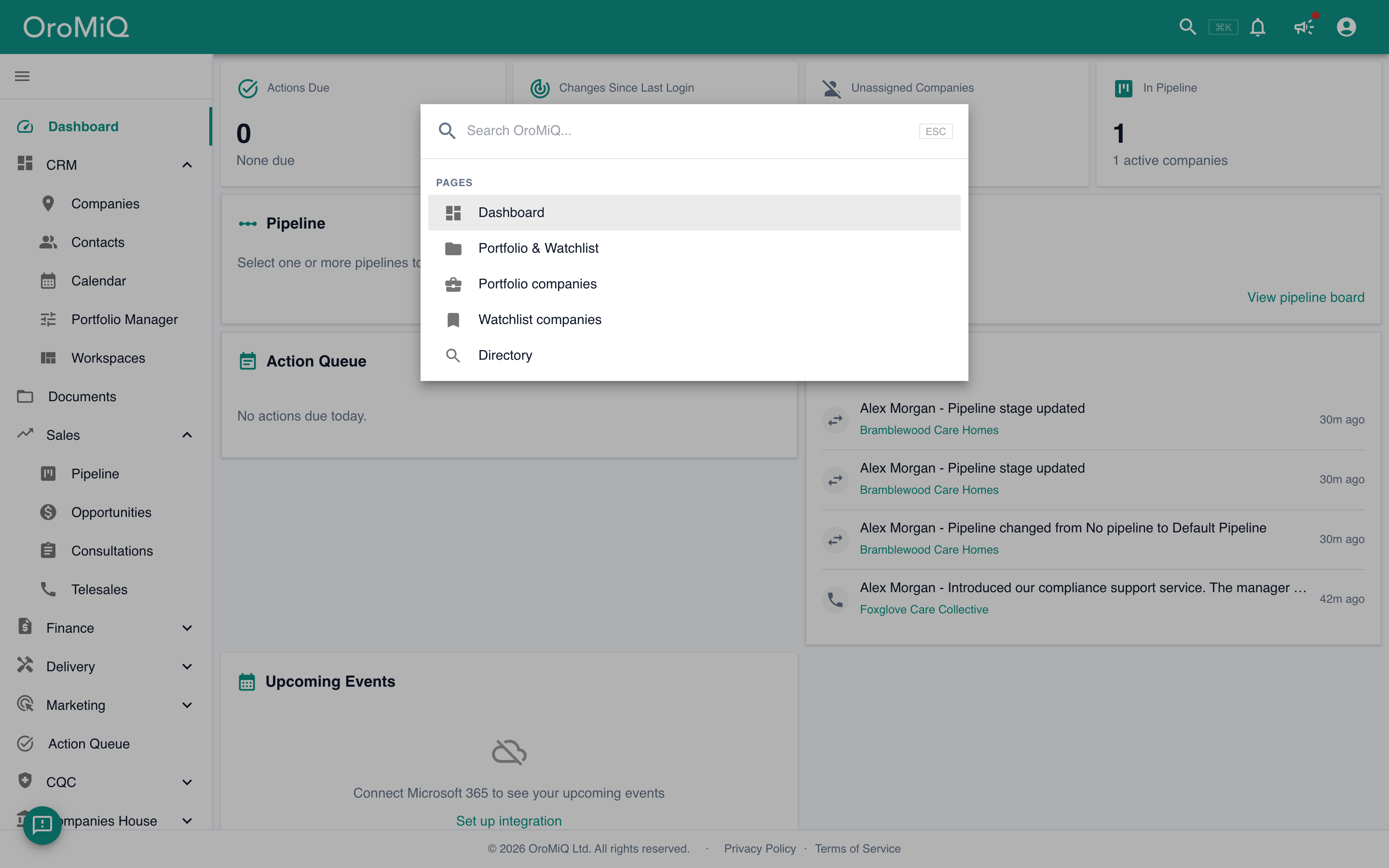 The search command palette open over the dashboard, listing quick links to pages such as Dashboard, Portfolio and Watchlist.