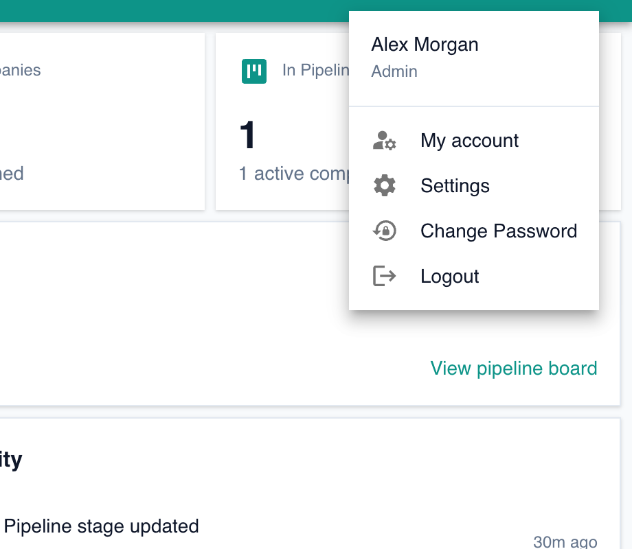 The user menu open in the top-right corner, showing My account, Settings, Change Password and Logout.