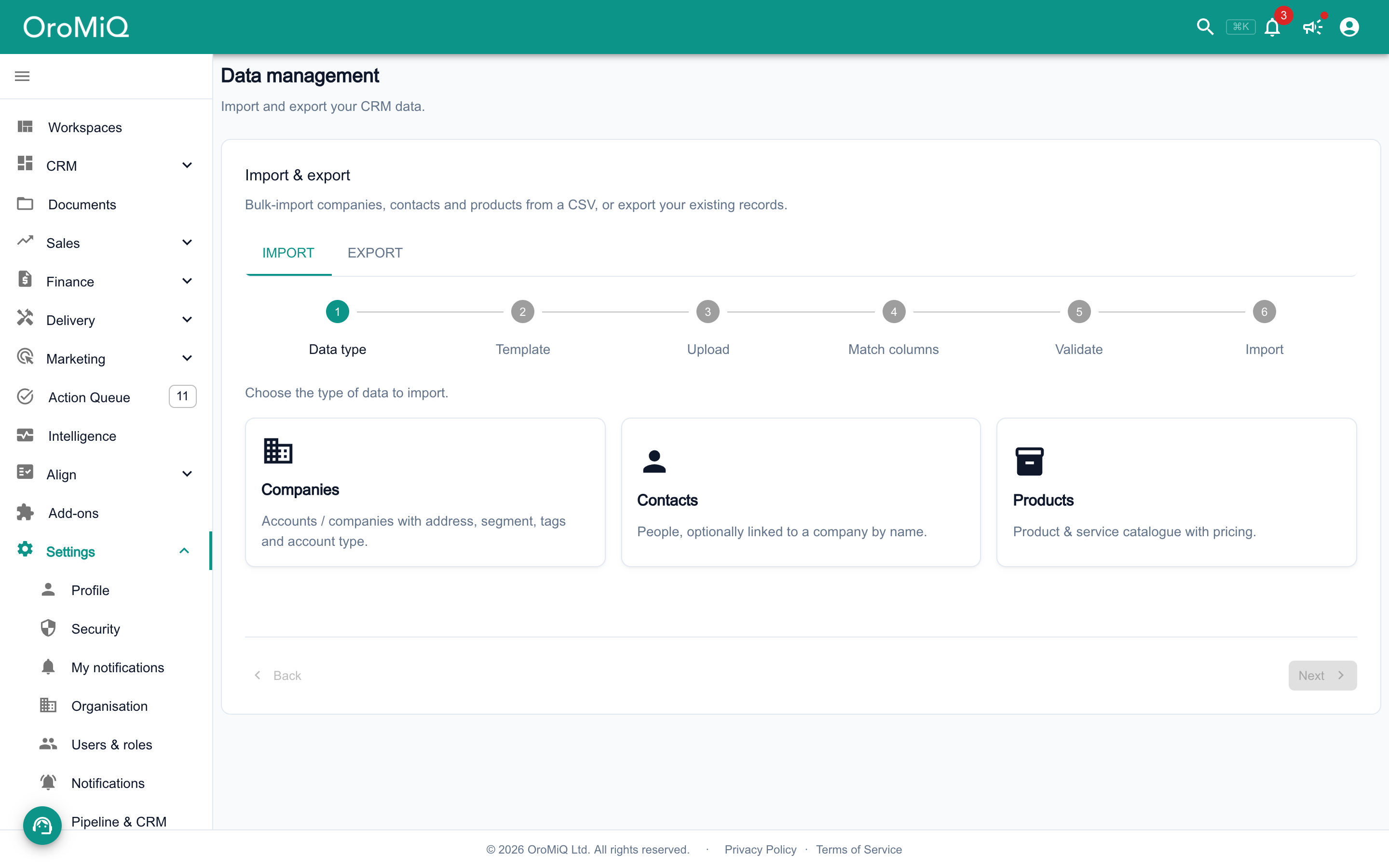 The Data management page in Settings with the Import & export panel open on the Import tab: the Data type, Template, Upload, Match columns, Validate and Import steps, and cards for Companies, Contacts and Products.