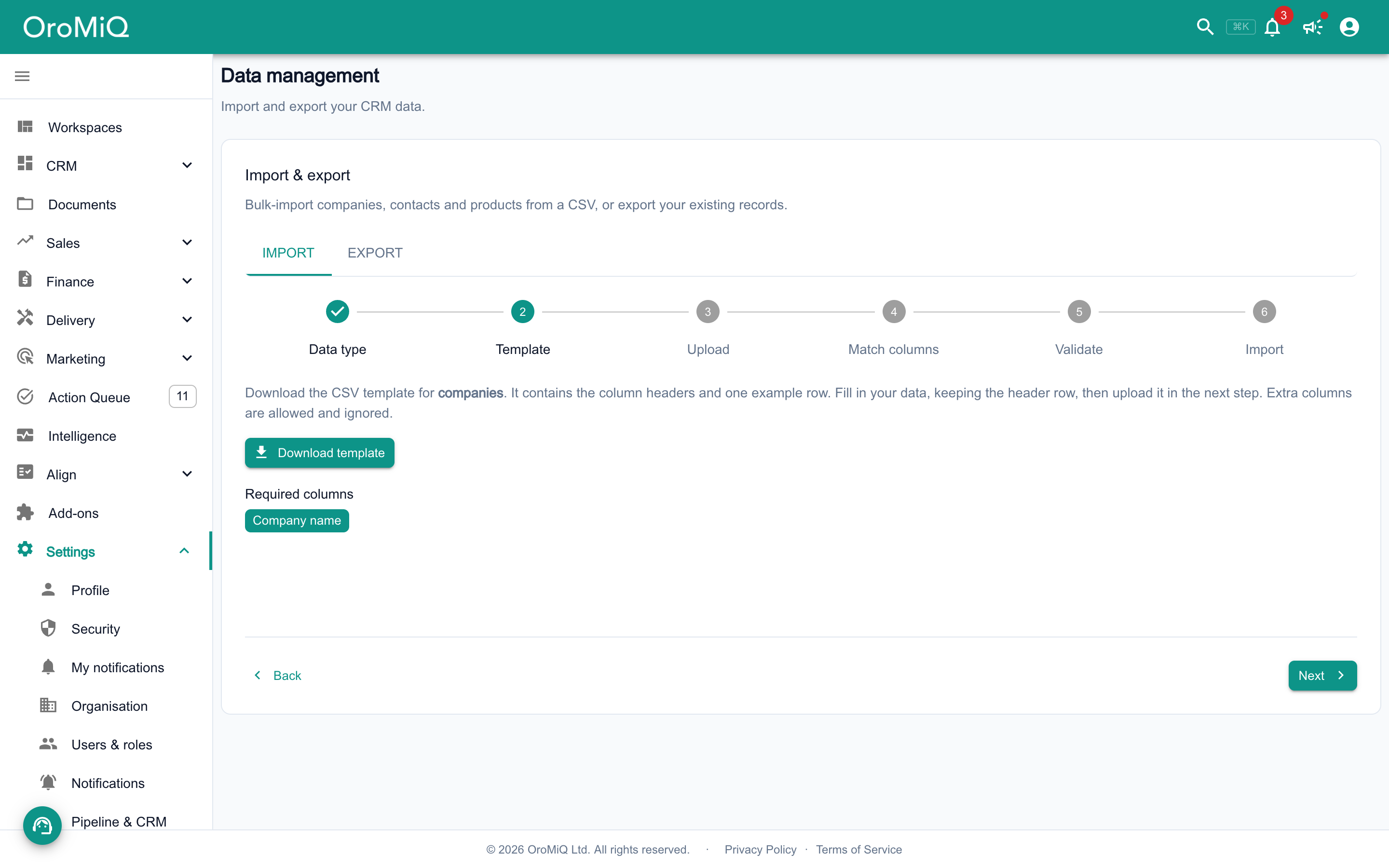 The Template step for companies, with a Download template button and Company name listed under Required columns.