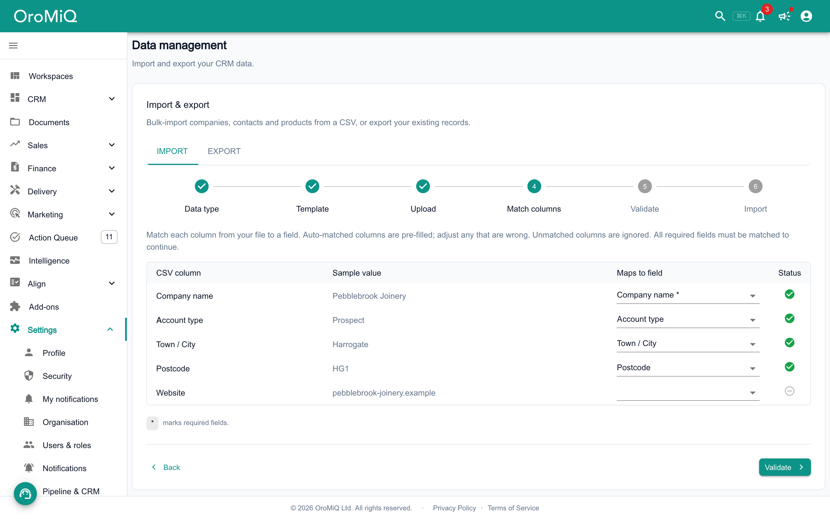 The Match columns step listing each CSV column with a sample value, the field it maps to and a status tick, with the Website column left unmatched and a Validate button.