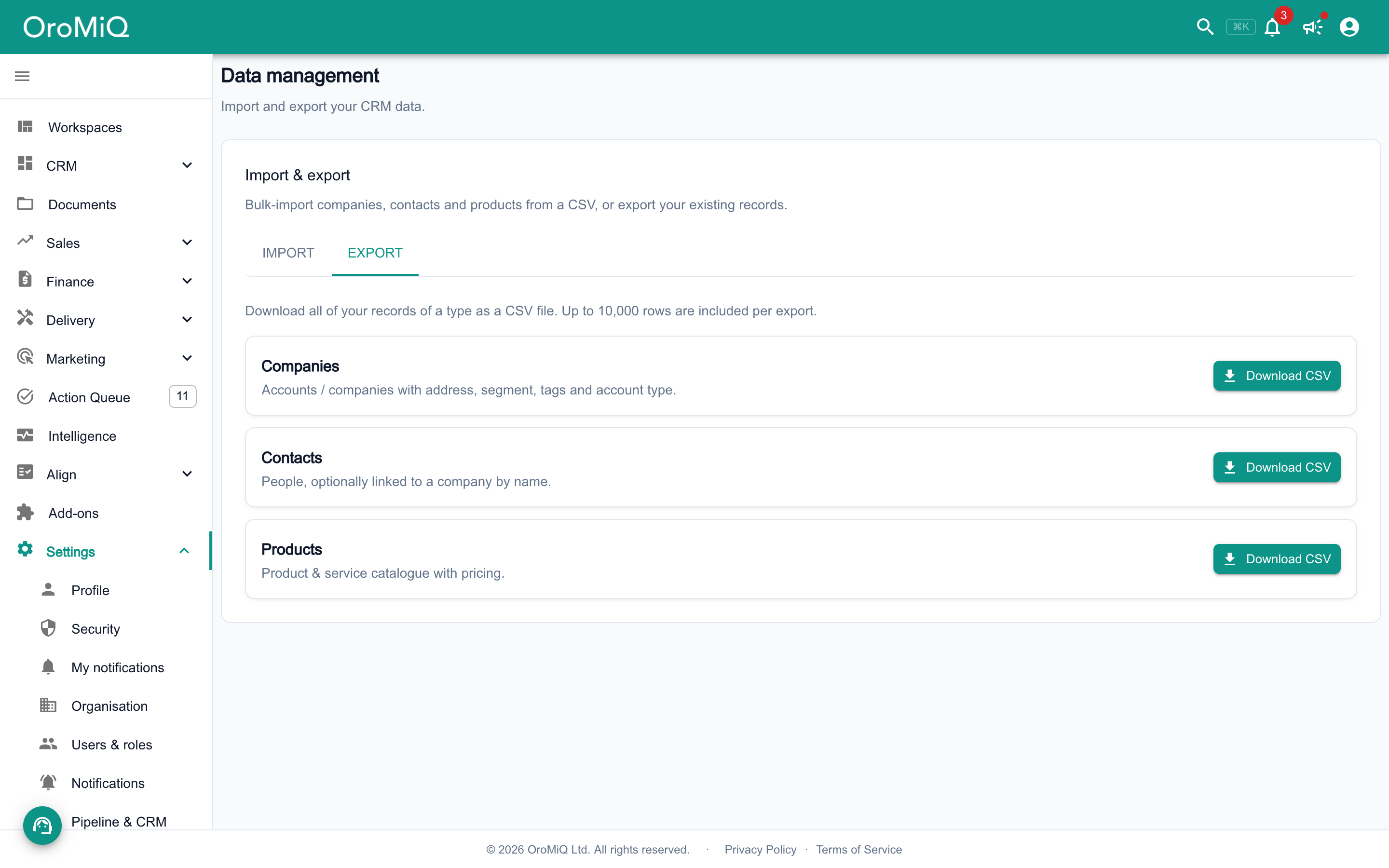 The Export tab with Download CSV buttons for Companies, Contacts and Products.