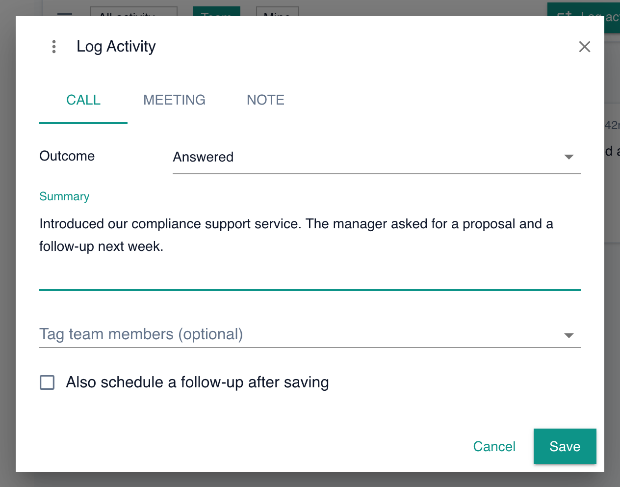 The Log Activity dialog on the Call tab, with an outcome of Answered and a short summary of the conversation.