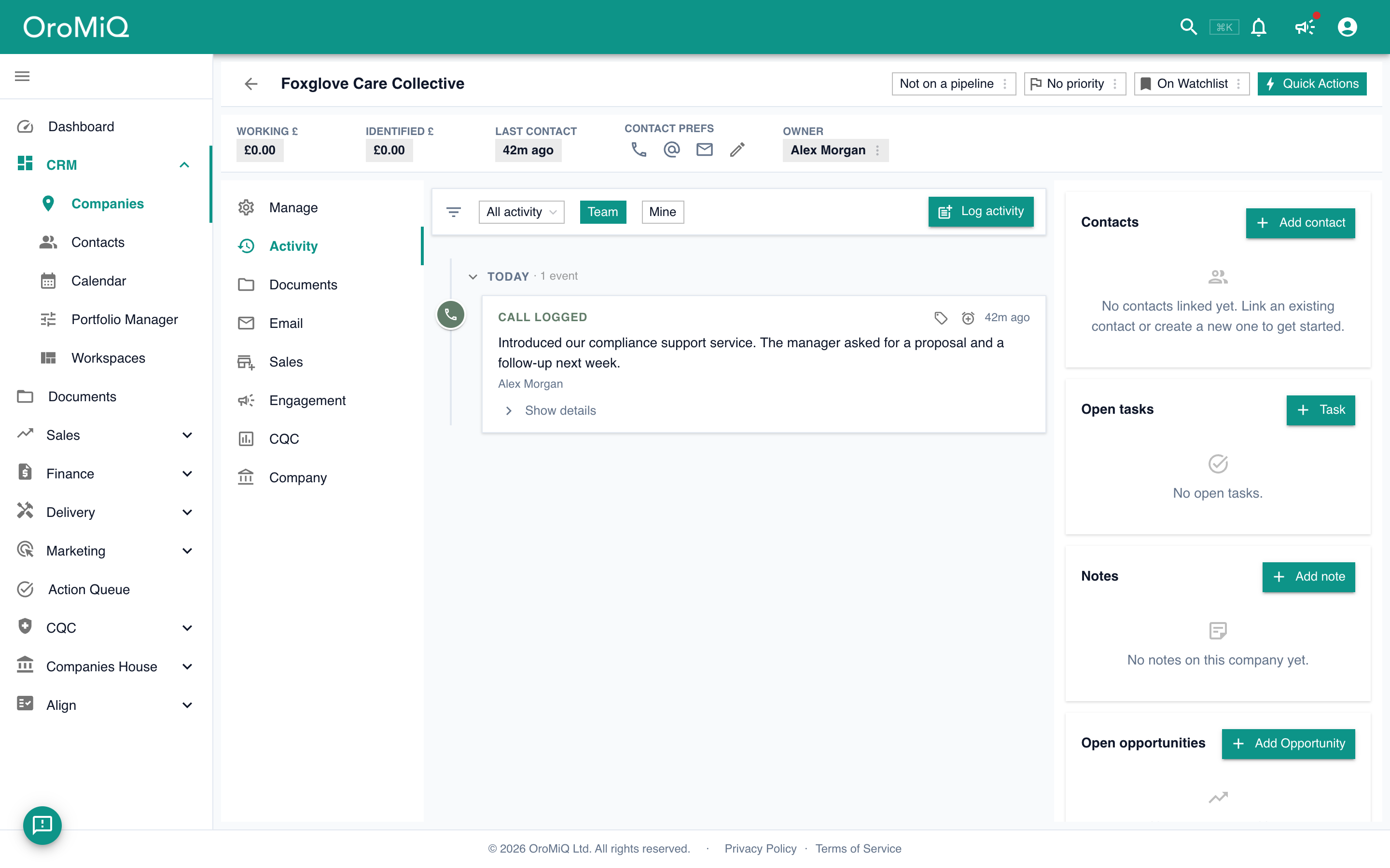 The company's Activity timeline showing the call logged today with its outcome and notes.