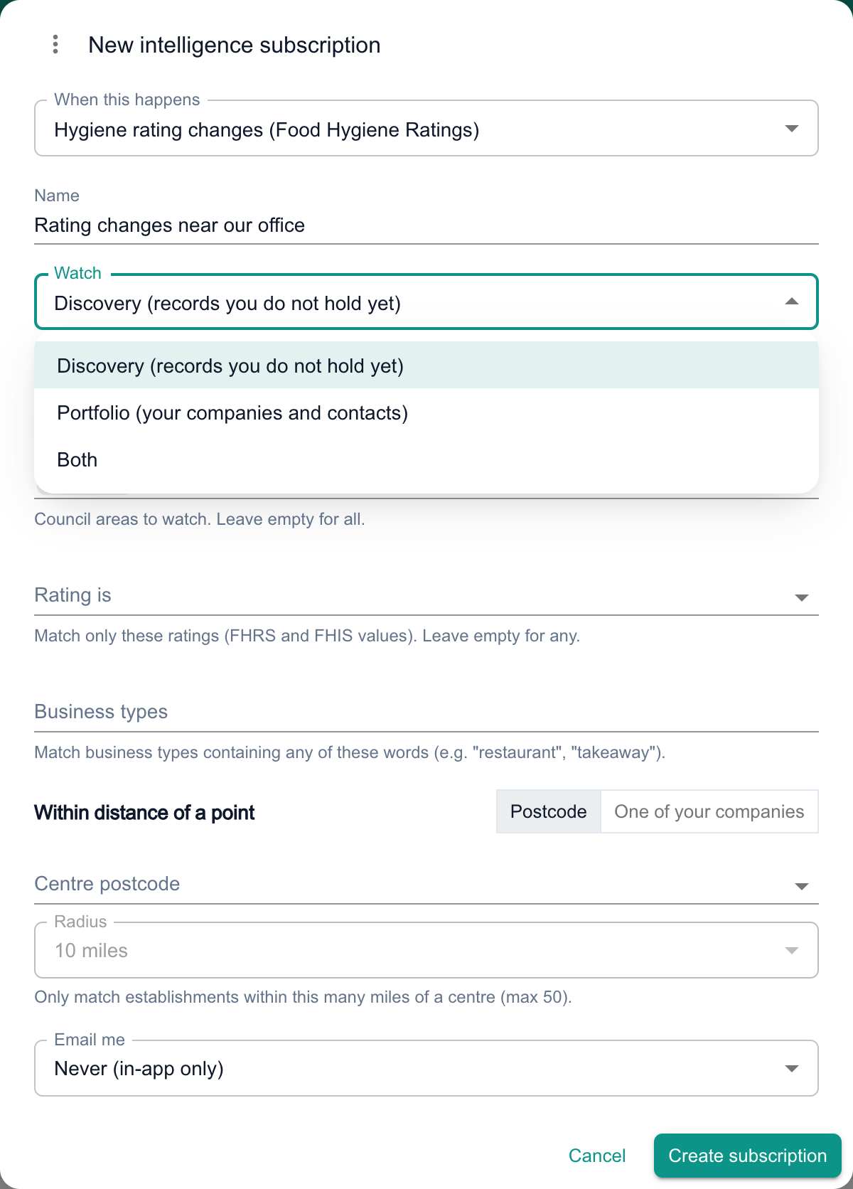 The New intelligence subscription dialog with Hygiene rating changes (Food Hygiene Ratings) chosen under When this happens, a name entered, and the Watch list open showing Discovery, Portfolio and Both.