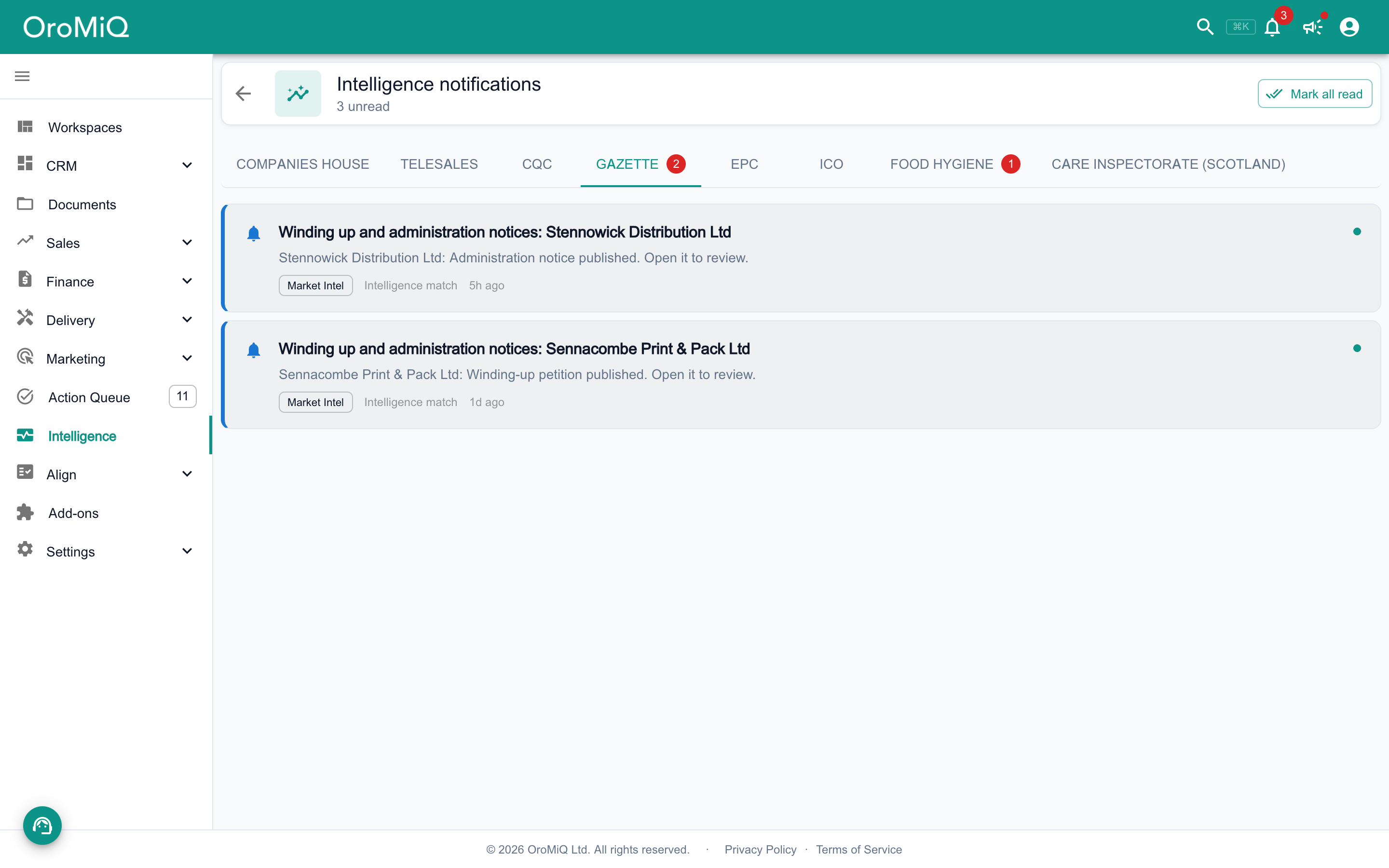 The Intelligence notifications inbox with a tab for each data layer, such as Companies House, CQC, Gazette and Food Hygiene, the Gazette tab showing two unread insolvency notice matches, and a Mark all read button.