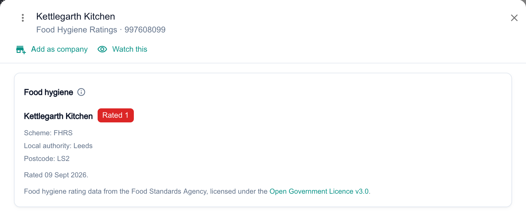 A food business opened from a subscription in Intelligence, with Add as company and Watch this under its name, above its Food hygiene panel showing its rating, scheme, local authority and postcode.