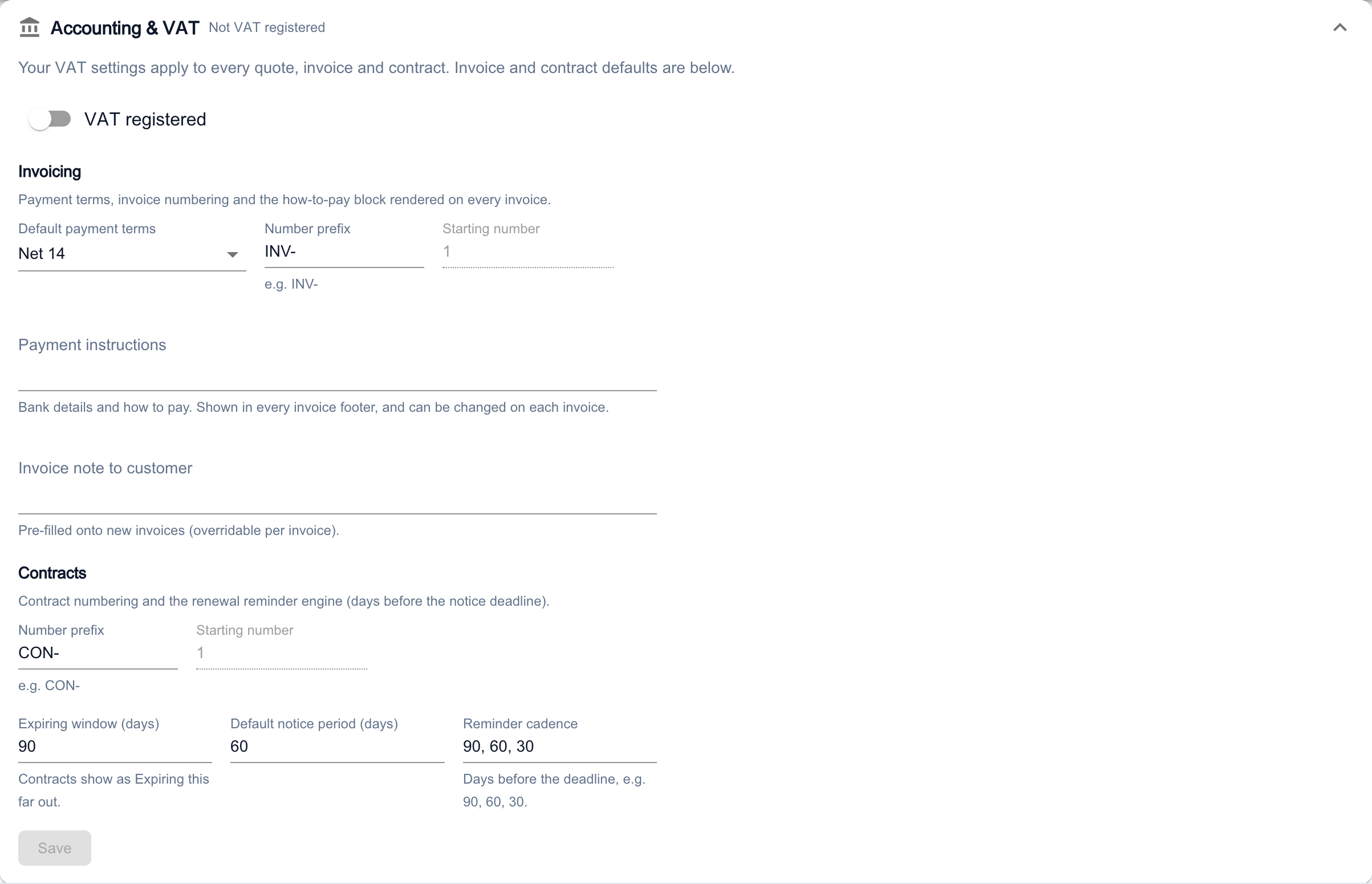The Accounting and VAT section of Pipeline and CRM settings, with the VAT registered switch and, under Invoicing, Default payment terms, Number prefix, Starting number, Payment instructions and Invoice note to customer.