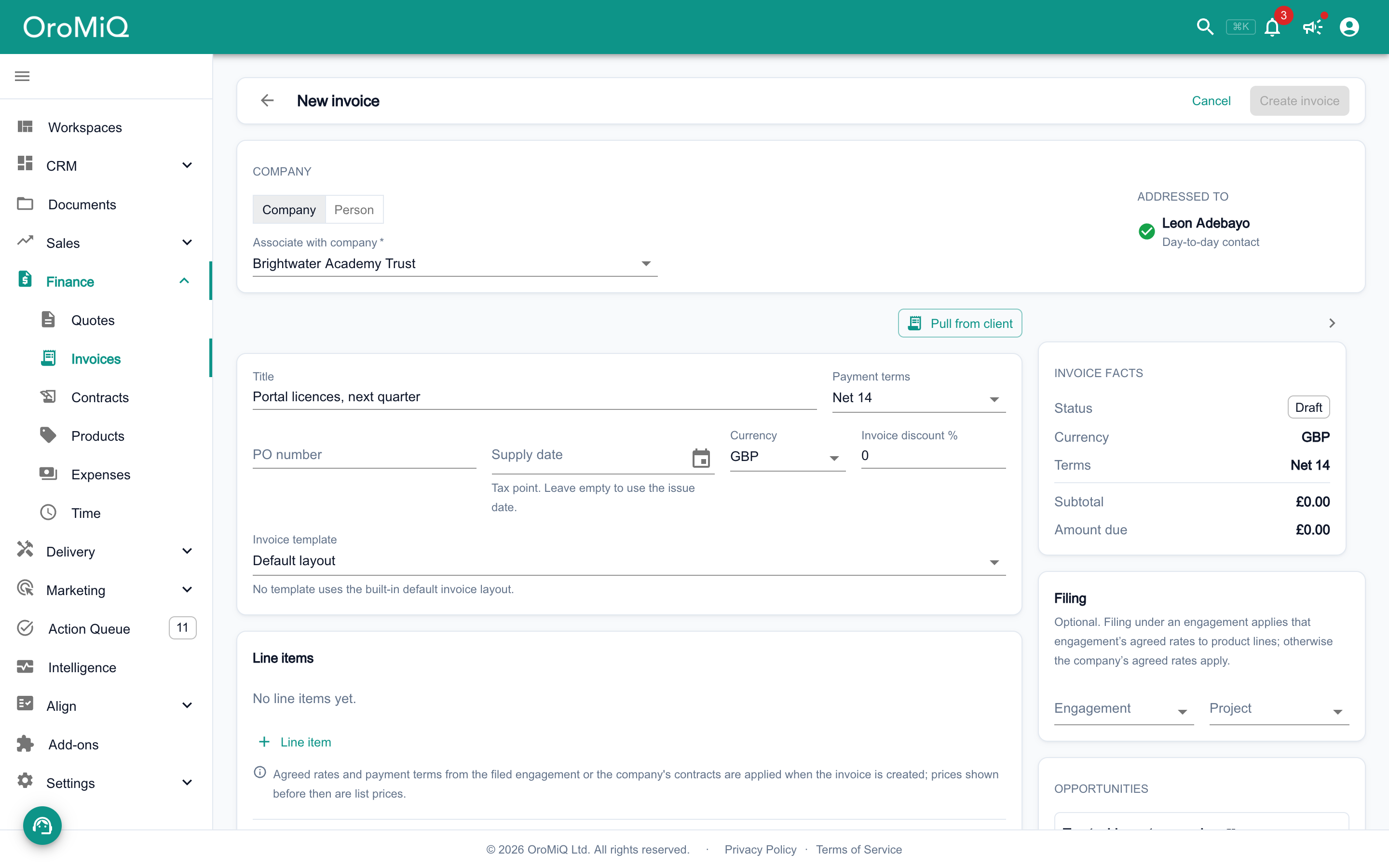 The New invoice page with Company selected, Brightwater Academy Trust chosen and Leon Adebayo shown under Addressed to, a title entered, the Payment terms, Supply date and Invoice template fields, a Pull from client button and an empty Line items section.