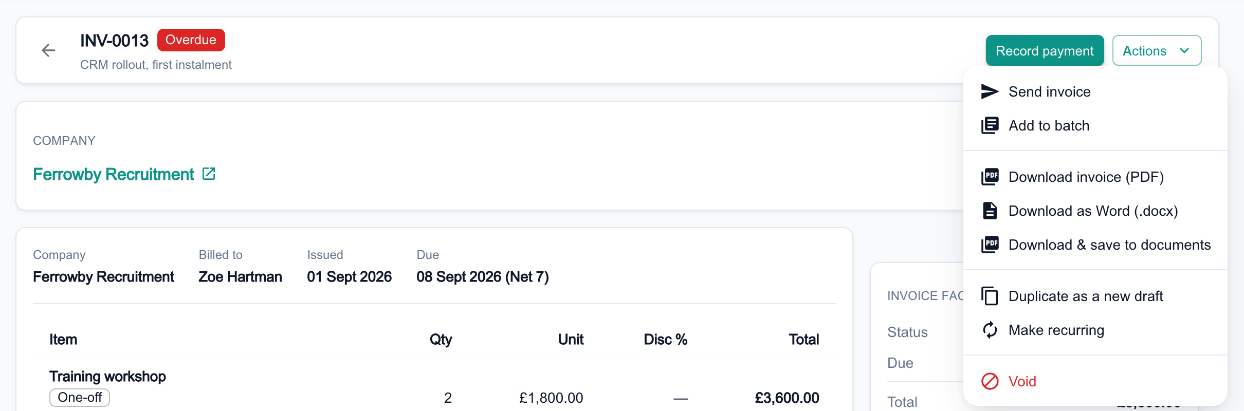 An overdue invoice for Ferrowby Recruitment, billed to Zoe Hartman, with the Actions menu open, showing Send invoice, Add to batch, Download invoice (PDF), Download as Word (.docx), Download and save to documents, Duplicate as a new draft, Make recurring and Void.