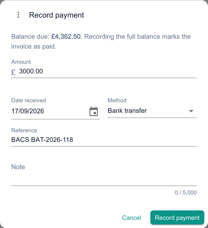 The Record payment dialog for a part-paid invoice, showing the balance due, an Amount of 3000.00, Date received, Method set to Bank transfer, and a Reference.