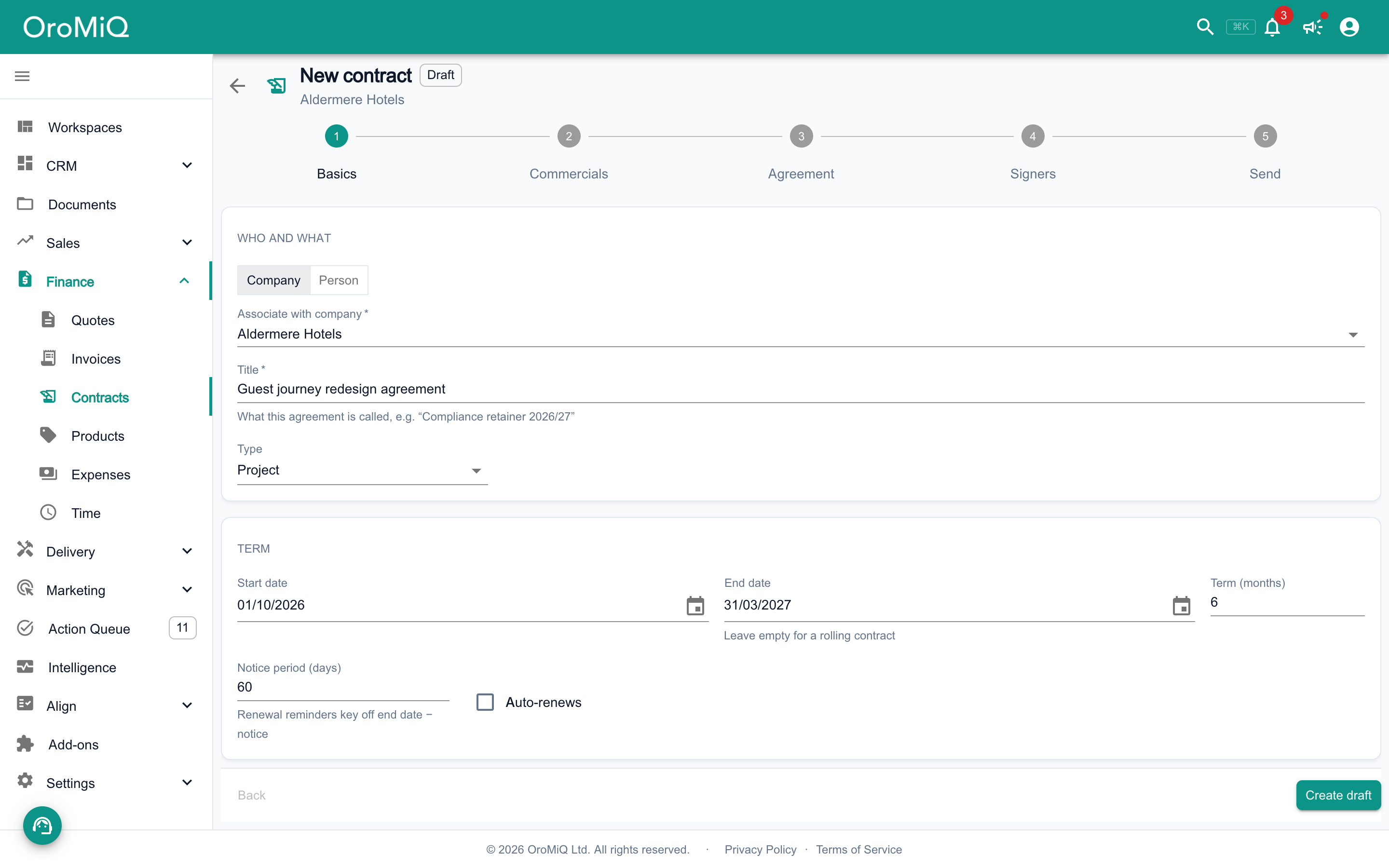 The Basics step of a new contract, with Aldermere Hotels chosen as the company, a title, the Project type, start and end dates and a six-month term filled in, and Create draft at the bottom right