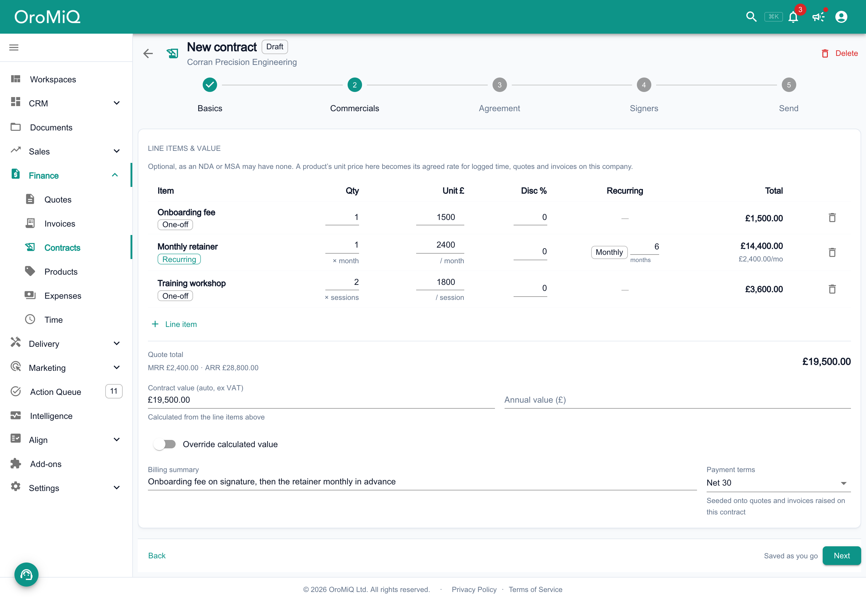 The Commercials step with three line items (an onboarding fee, a six-month monthly retainer and two training workshops), the quote total, the contract value calculated from the lines, a billing summary and Net 30 payment terms
