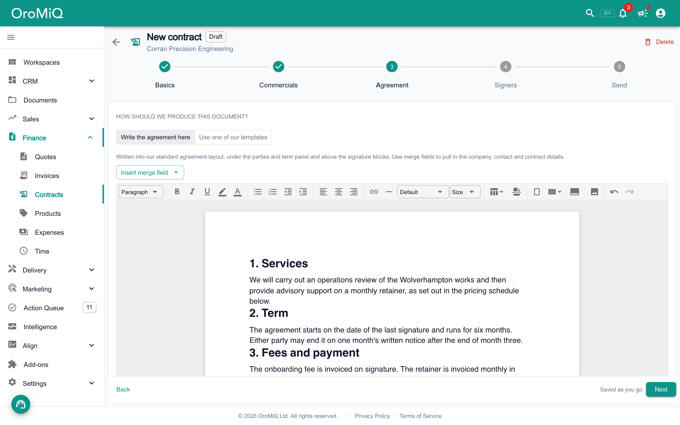 The Agreement step with Write the agreement here selected, the Insert merge field button and the agreement wording in the editor, opening with the Services, Term and Fees and payment clauses