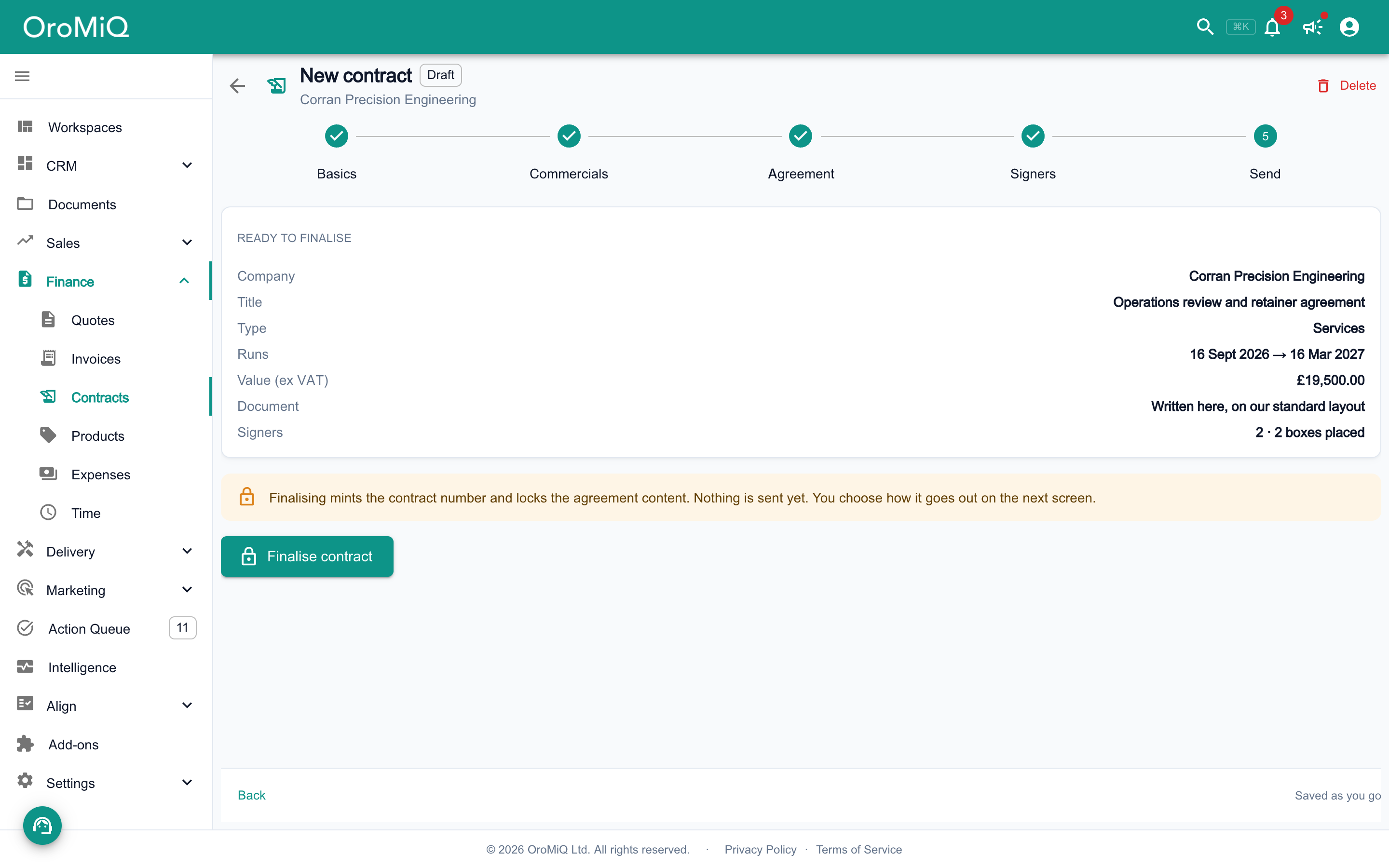 The Send step summary listing the company, title, type, dates, value and document, and two signers with two signature boxes placed, above the Finalise contract button