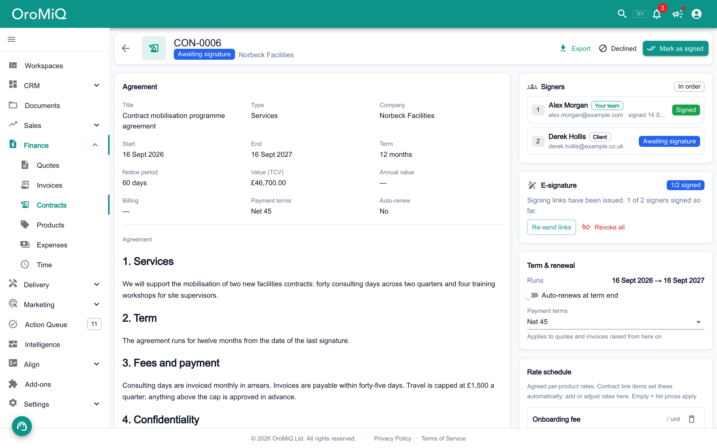A contract awaiting signature: the first signer has signed and the client is awaiting signature, and the E-signature panel shows 1/2 signed with Re-send links and Revoke all