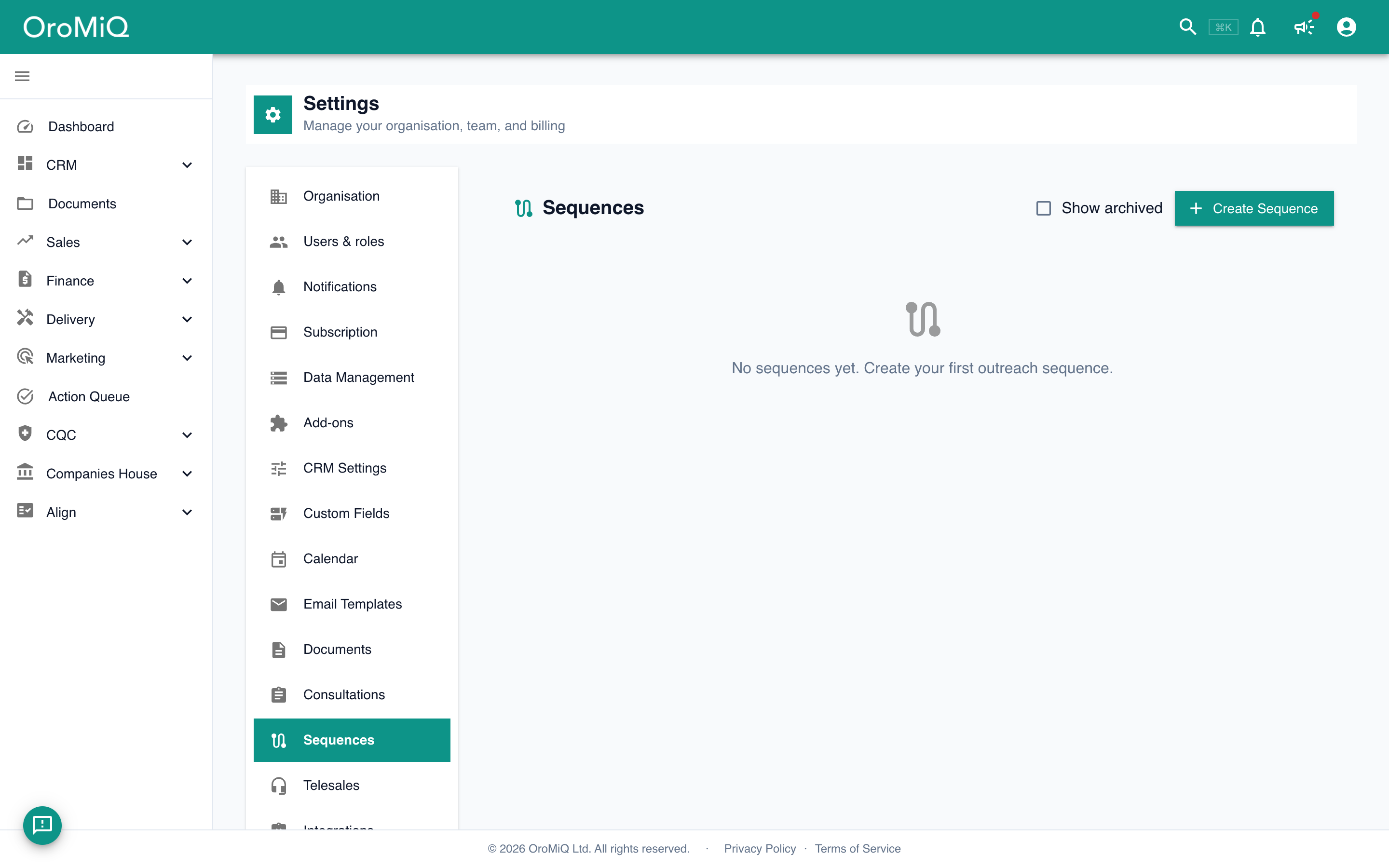 The Sequences page under Settings, with a Create Sequence button and an empty-state message.