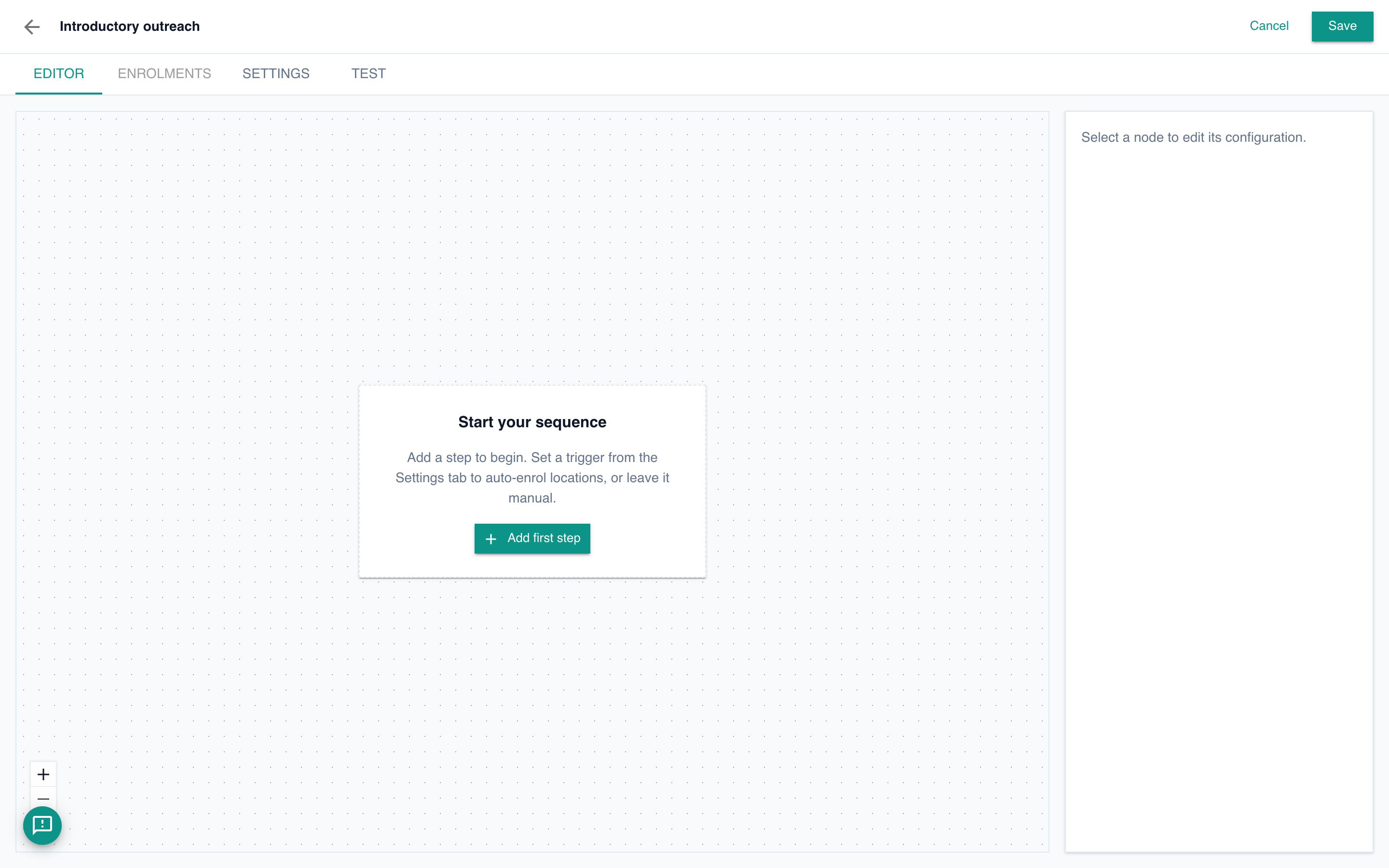 The sequence editor with a name entered and an empty canvas showing an Add first step button.