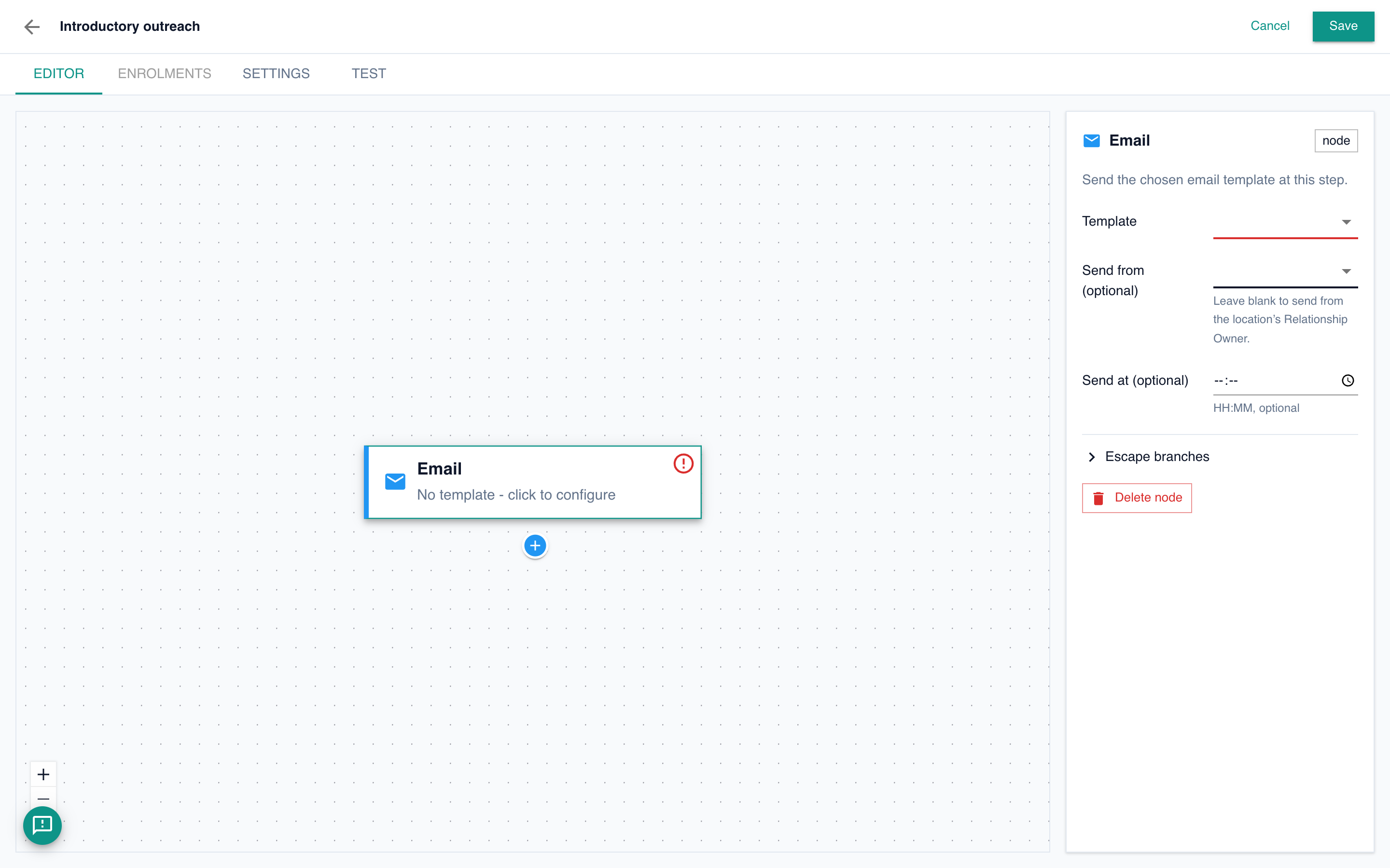 The sequence editor with an Email step added to the canvas and its configuration panel open on the right.
